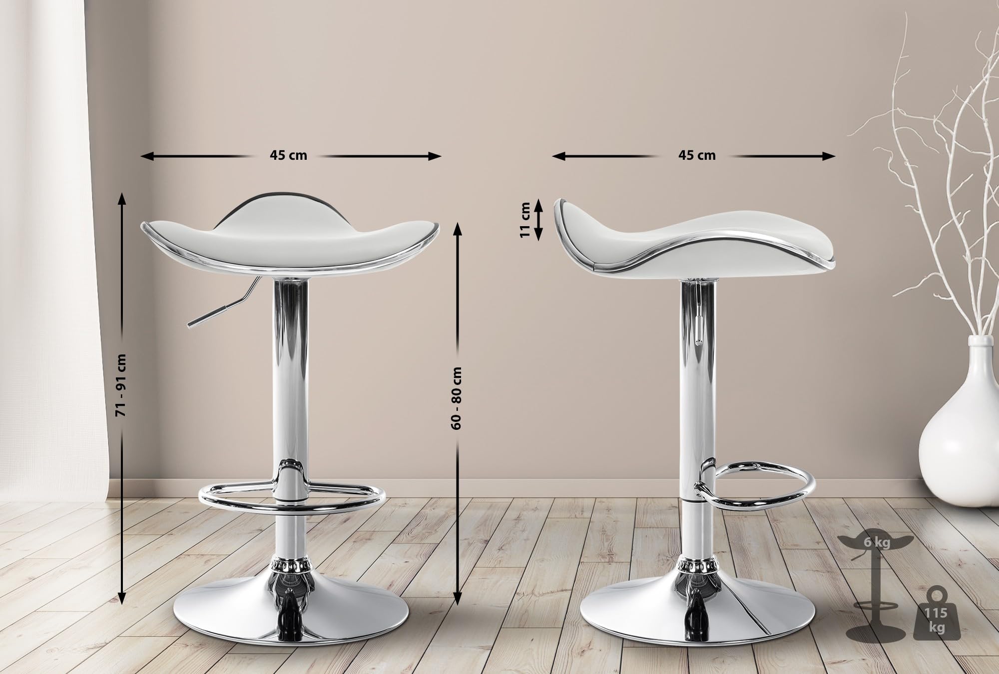 CLP Taburete Alto de Cocina Shanghai en Polipiel I Silla de Bar giratoria Regulable en Altura con Base metálica, Color:Blanco, Material del Soporte:Hierro Cromado