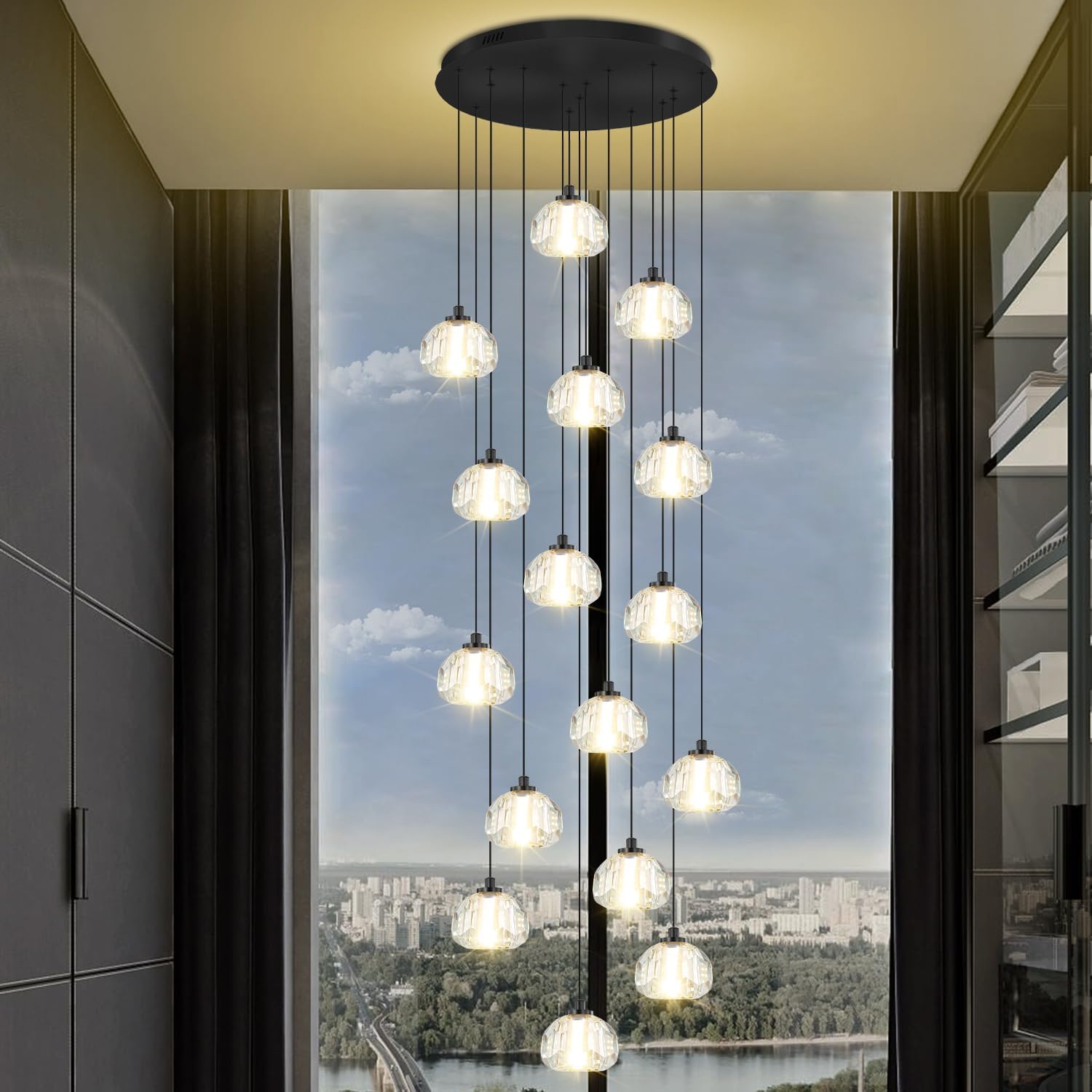 Modern LED Crystal Ball Chandelier Black 16-Light Raindrop Chandeliers for Foyer Entrance K9 Crystal Chandeliers for High Ceiling