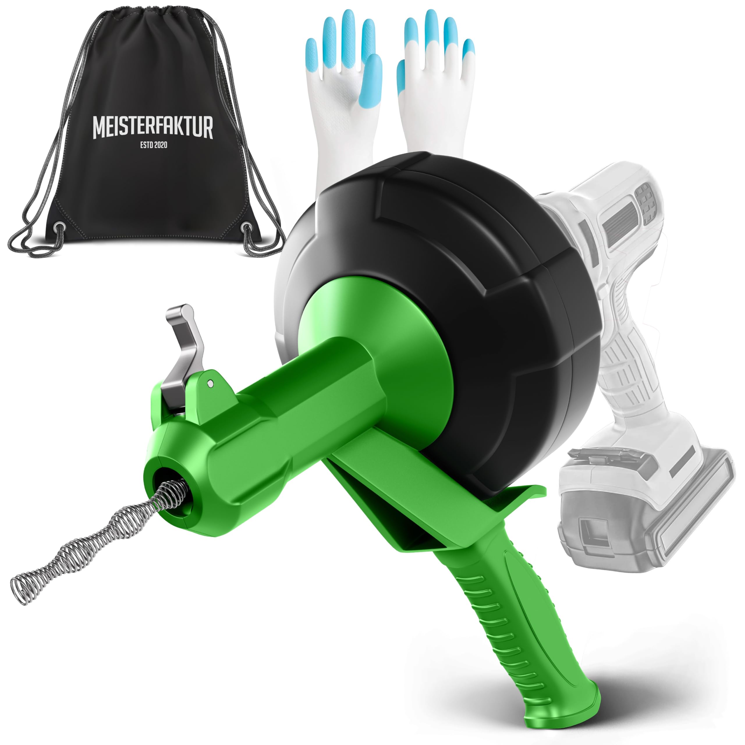 MEISTERFAKTUR drain snake [25 FT] - Auto Feed - Ideal plumbing snake for sink and drain unblocking - Solid drain auger for real DYIs! (25 FT - 1/4 inch)