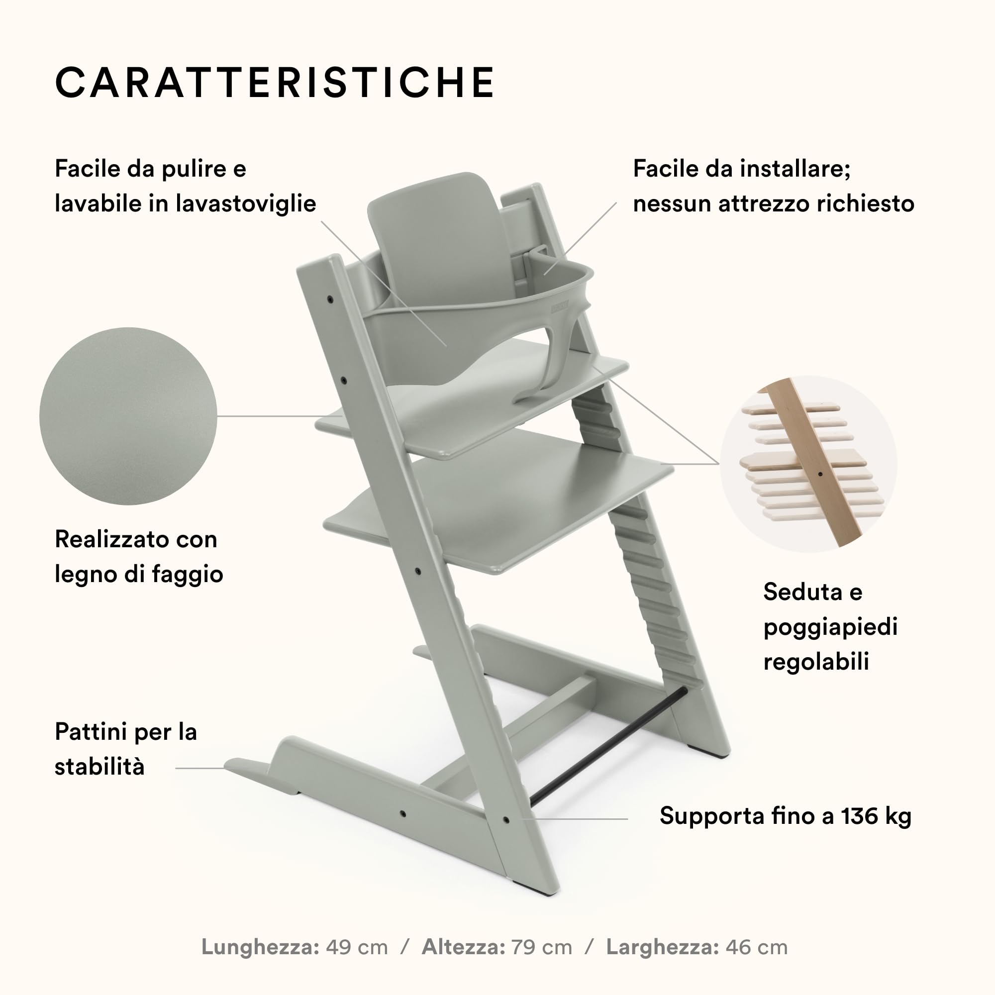Seggiolone Tripp Trapp di Stokke con Baby Set, Glacier Green - Sedia regolabile ed evolutiva per bambini e adulti - Design ergonomico e classico