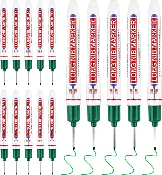 15 Pcs Long Head Deep Hole Marker, 20 mm Long Nose Nib Deep Reach Metal Marking Pen, Quick-drying Waterproof Permanent Pens For Carpenter, Woodworking, Construction Green