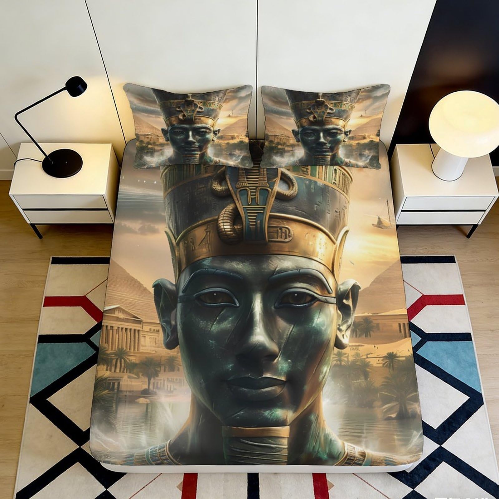 3D Printed Egyptian Pharaoh Fitted Sheet Microfiber Soft Breathable Ancient Pyramid Mattress Cover for Bedroom Dorm Decor 90x200x25cm