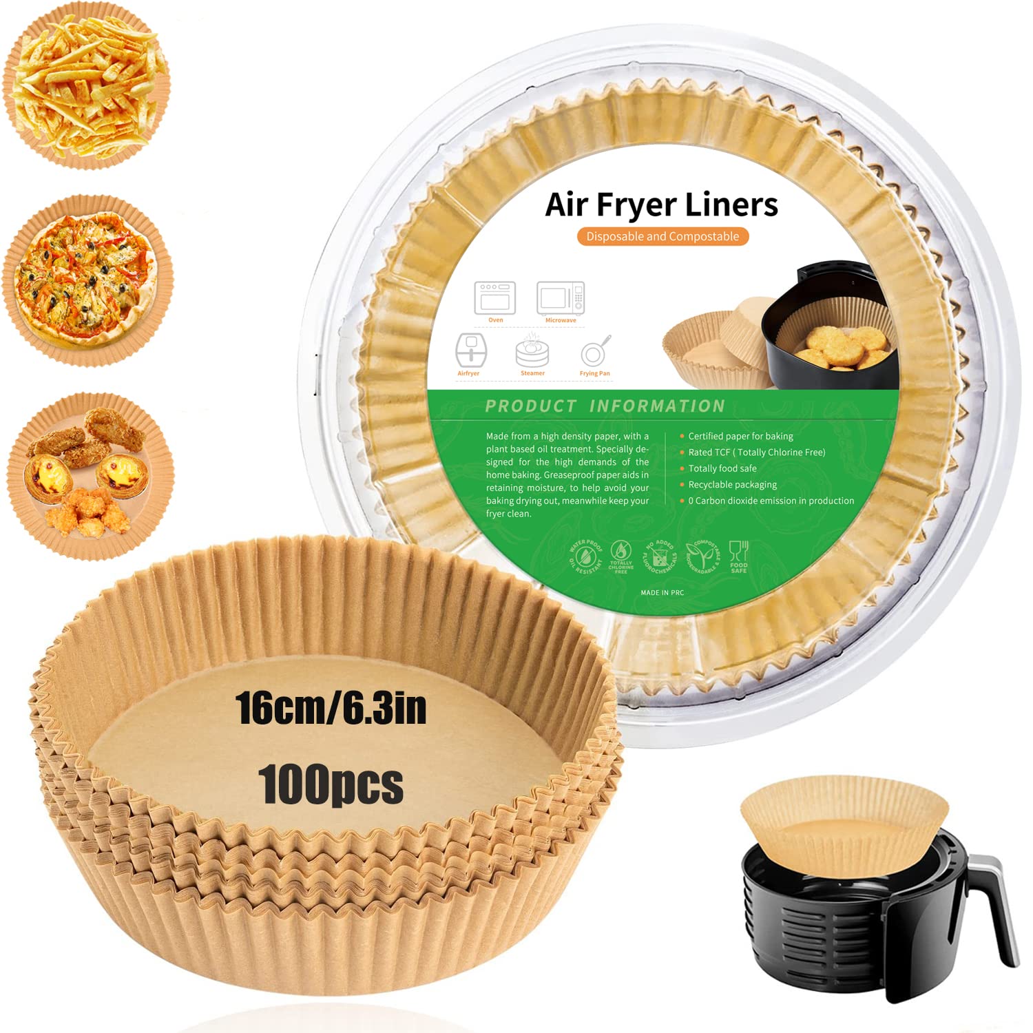 Torchtree Air Fryer Liners, 100PCS 6.3IN Disposable Air Fryer Paper Liners，Oil-Proof and Water-Proof Air Fryer Paper, Food Grade Parchment for Baking Roasting Microwave(6.3in)