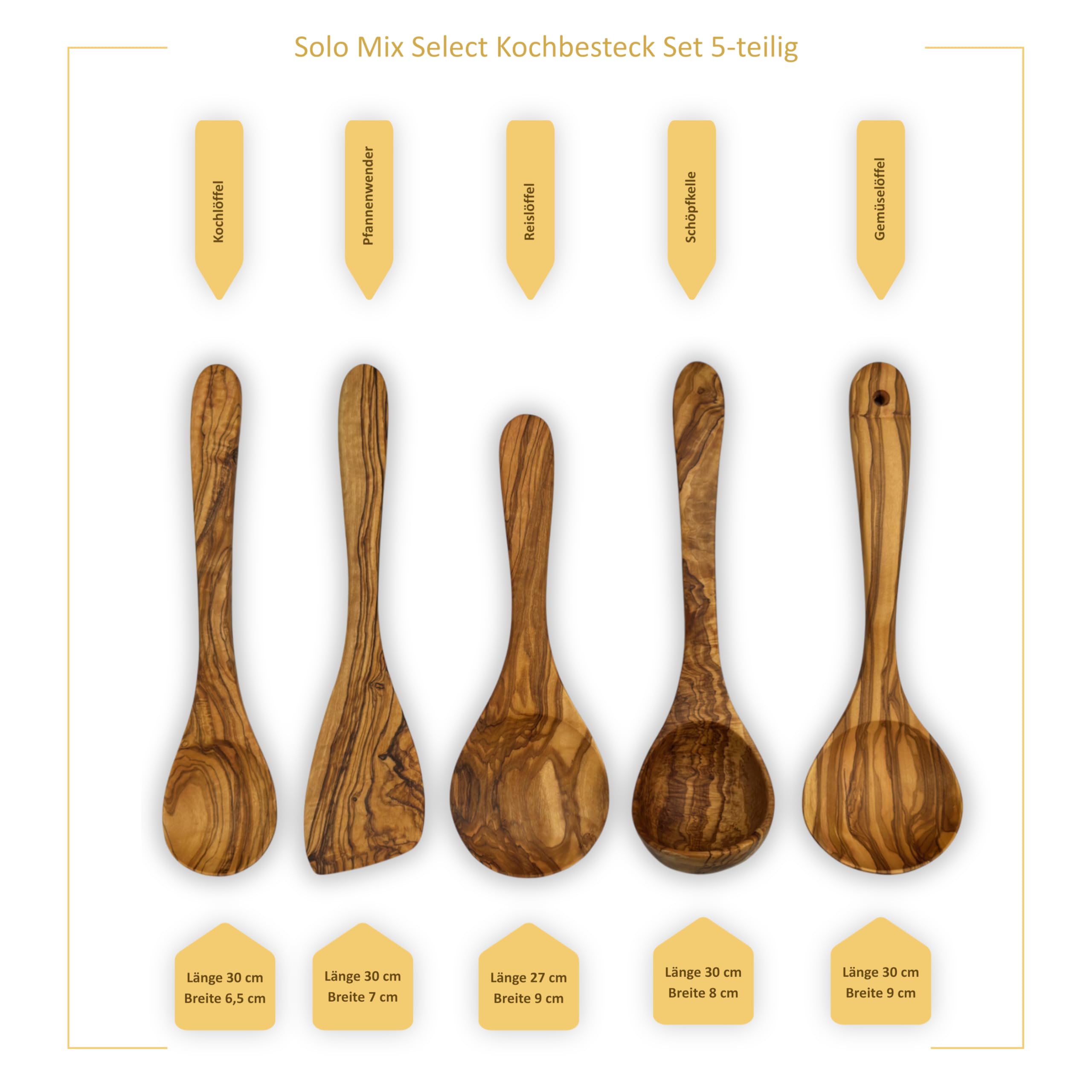 Kochbesteck Set „Solo Mix“ Olivenholz 5-teilig – vielseitige Küchenhelfer Holz – Hitzebeständig, langlebig, pfannenschonend & natürlich