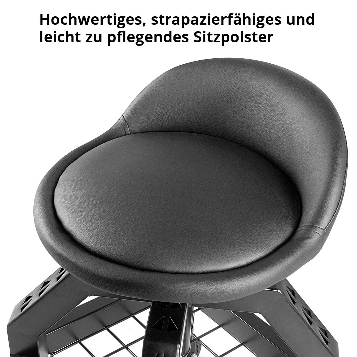 STAHLWERK Höhenverstellbarer Werkstatthocker VWH-300 ST mit großem Ablagefach, bis 136 kg belastbar, 59-76 cm Sitzhöhe, Rollsitz/Rollhocker mit kugelgelagerten Leichtlauf-Lenkrollen