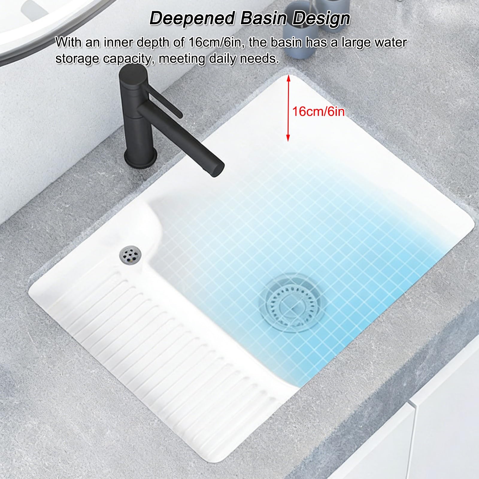 Spülbecken mit Waschbrett, Unterbauspüle aus Keramik für Waschküche, Badezimmer mit Wasserhahn und Ablauf-Set