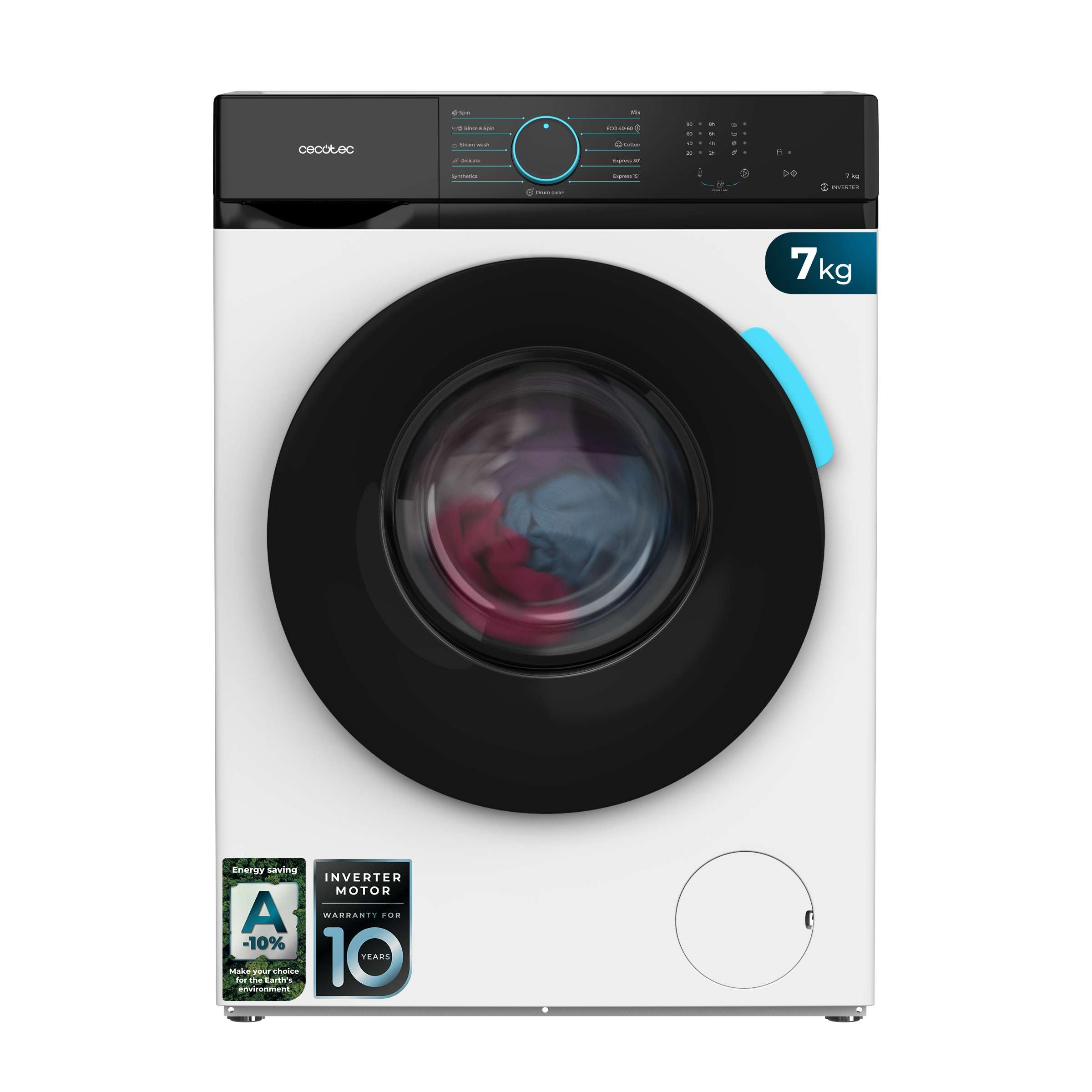 Cecotec Lavadora 7Kg Carga Frontal Bolero DressCode 7110 Inverter A. 1200RPM, 11 Programas, Clase A-10%, Motor Inverter Plus, Steam Max, Drum Clean, Programa Rápido 15', Delay Start y KidLock, Blanco