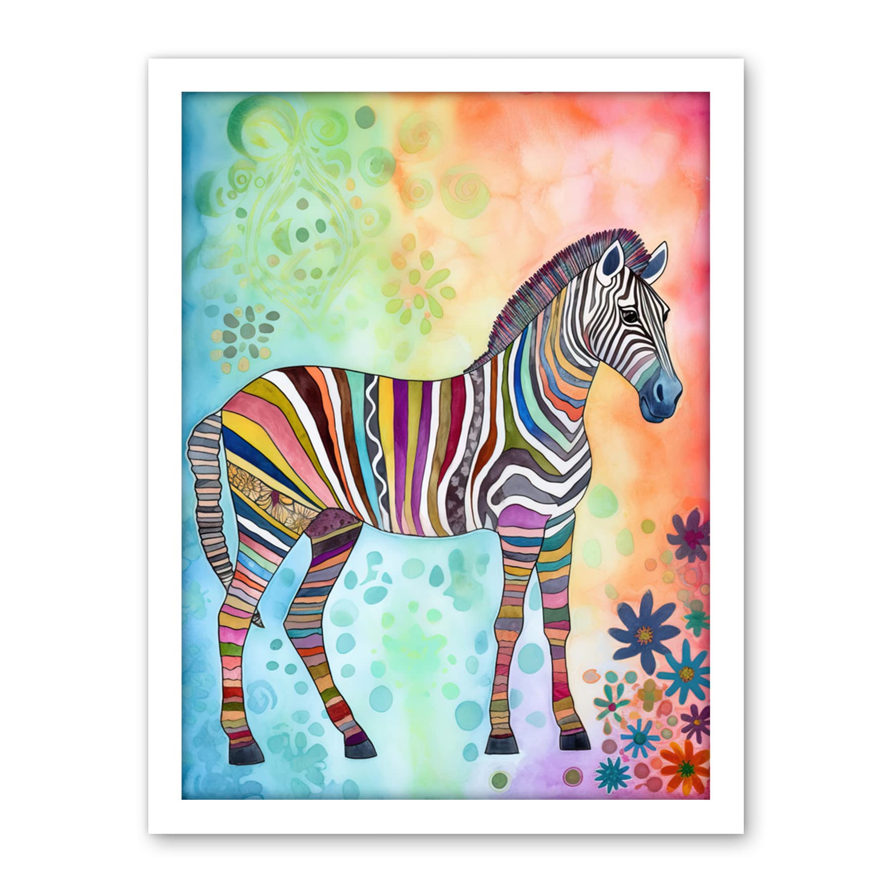 Artery8 Rainbow Floral Zebra Folk Art Artwork Framed Wall Art Print 18X24 Inch