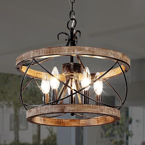 Miniatura 2 de Bella Depot Lámpara de araña rústica de madera con 5 luces, iluminación regulable, lámpara colgante ajustable para isla de cocina de 15.7 x 15.7