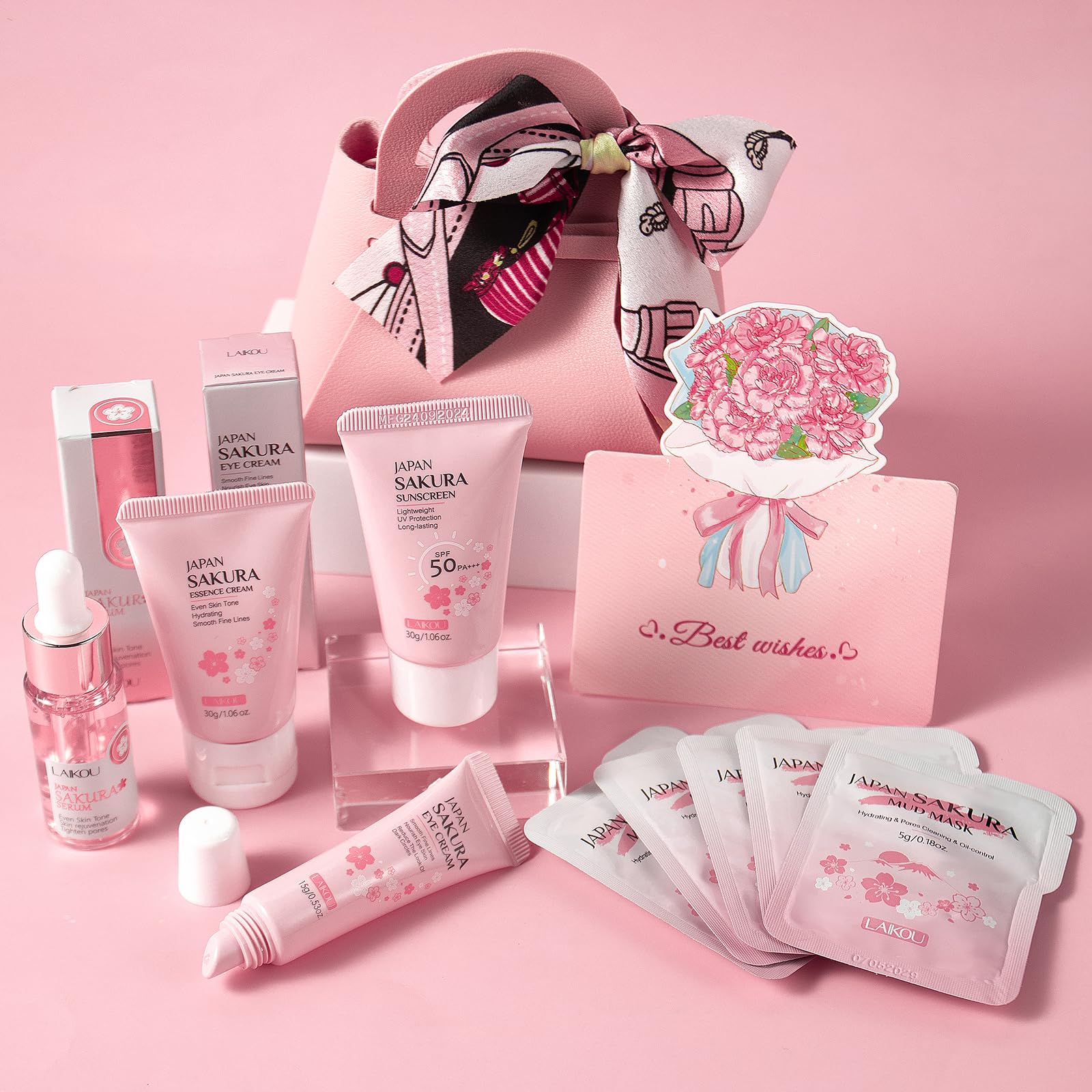 LAIKOU Sakura Skincare Set, 11 Pcs Face Hydrating Kit with Serum, Moisturiser, Eye Cream, Sunscreen SPF50, Mud Mask, Greeting Cards & Gift Bag, Christmas Birthday Pamper Gifts for Women Teenage Girl