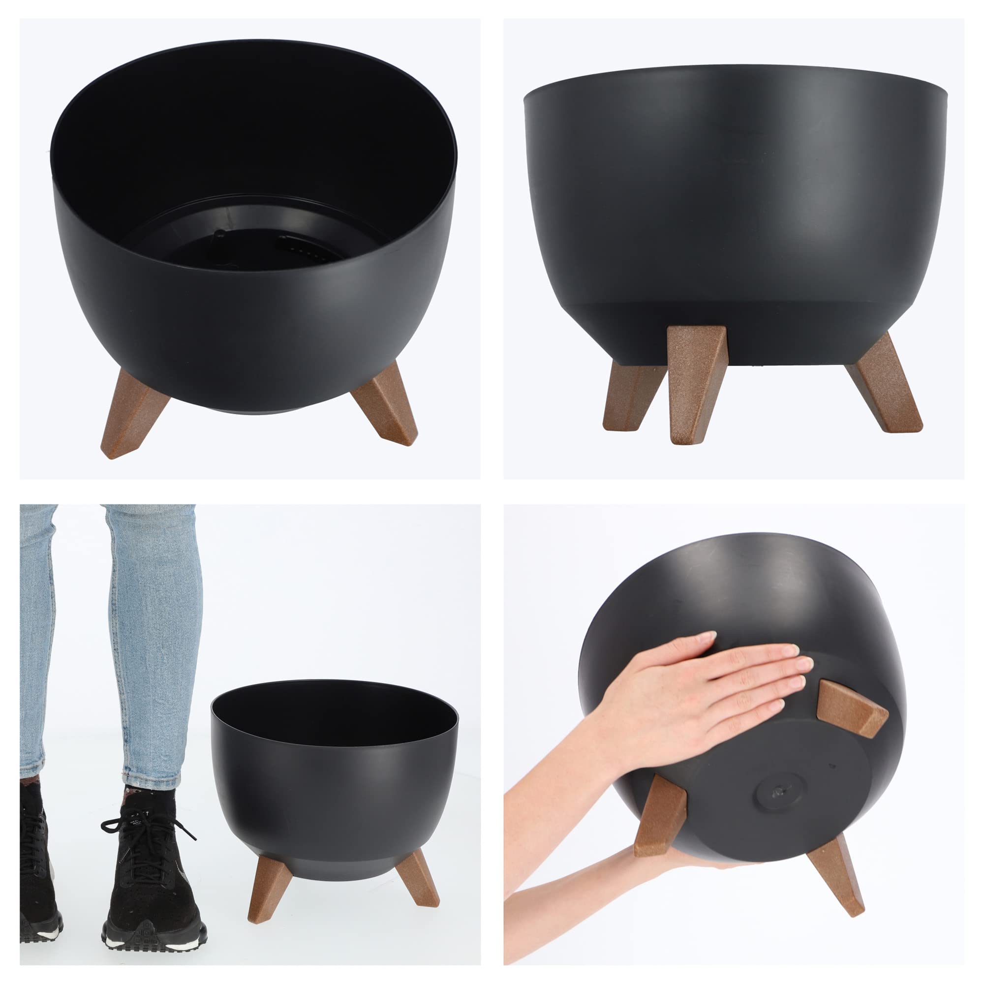 KADAX Pot de Fleurs en Plastique sur Trois Pieds, Effet Bois pour Sublimer la Décoration de Votre Maison, Intérieur et Extérieur (Lot de 2: Noir, 29 cm)