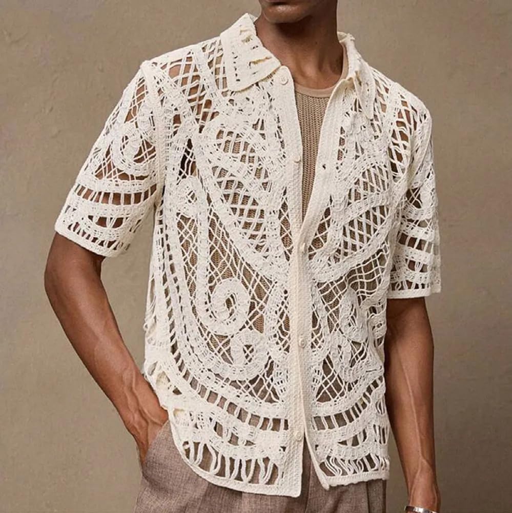 Herren Button-Down-Hemd Kurzarm Häkeln Aushöhlen Stricken Sommer durchsichtige Urlaub Strandhemden