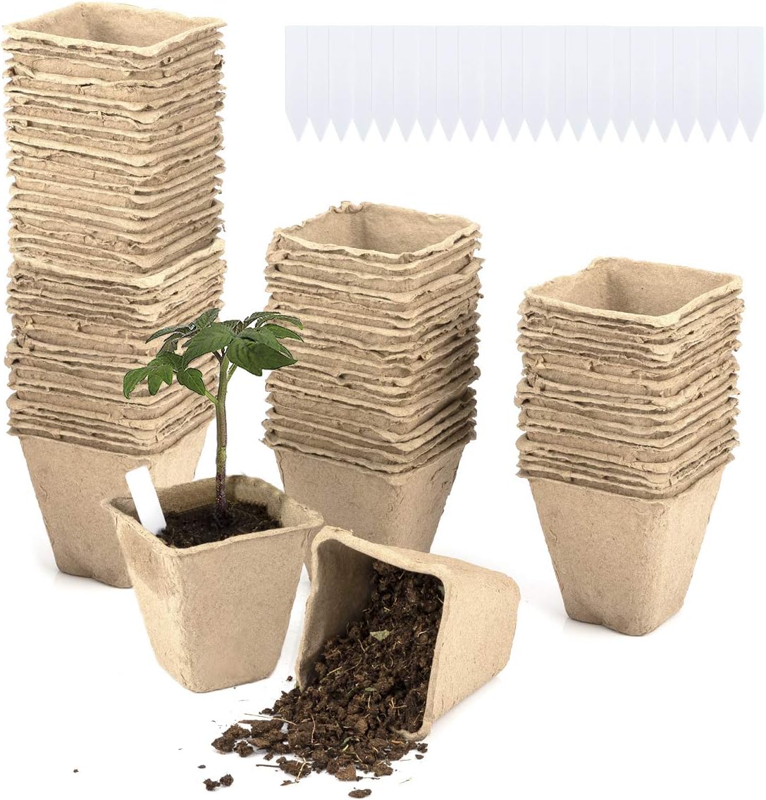 100 Pcs Peat Pots for Seedlings, Biodegradable Eco-Friendly Square Plant Seed Starter Peat Pots Germination Seedling Trays with 100 Plant Labels for Vegetable Flowers