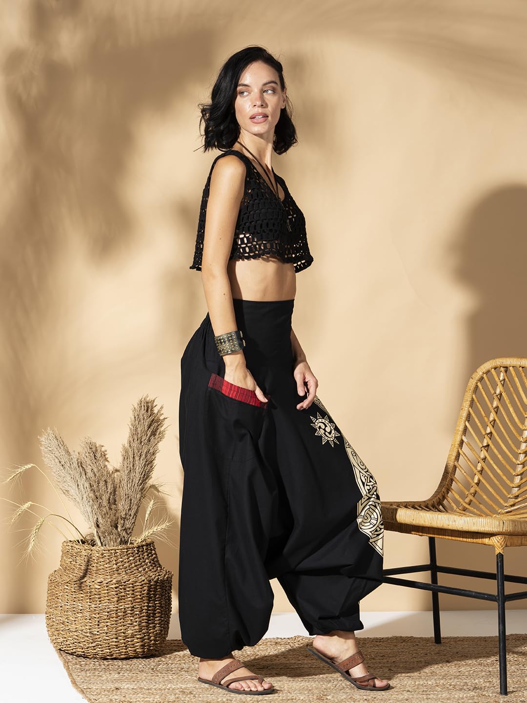 The Veshti Company High Waist Low Crotch Printed Cotton Yoga Harem Pants for Women's, Hippie Style Baggy Palazzo Pant, Spell Binder Black-Beige, XL 3