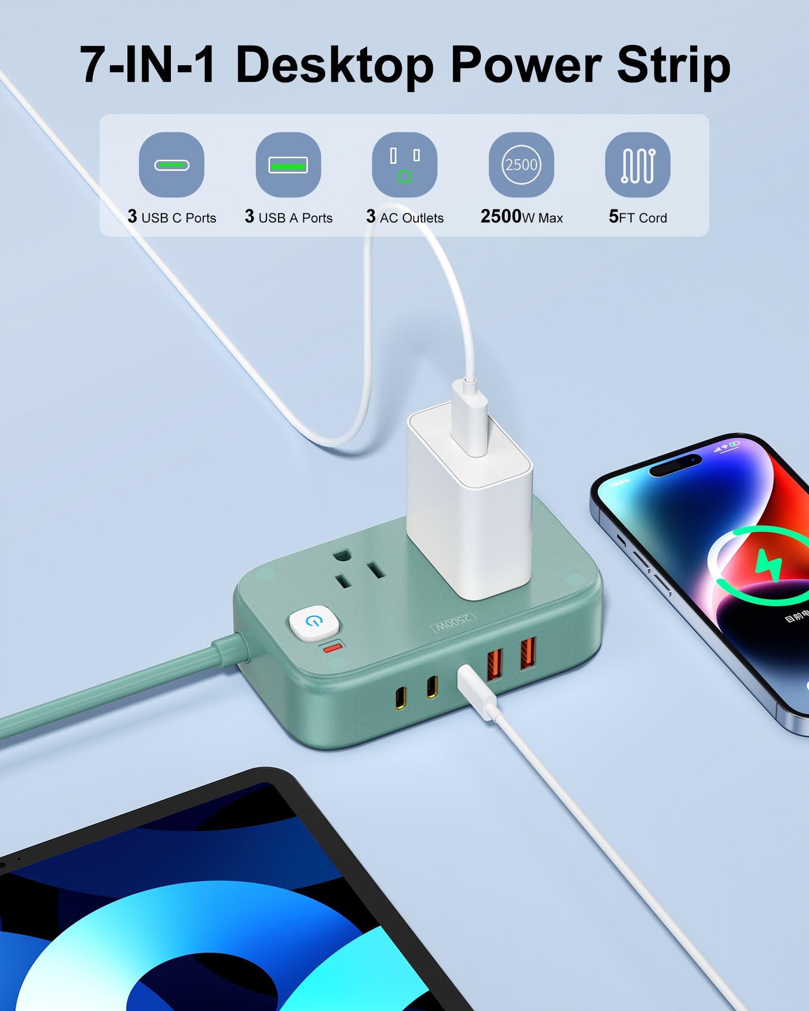 Regleta de alimentación con USB C - Estación de carga de 40 W con 2 tomas, 3 USB C y 2 USB A - Cargador para múltiples dispositivos, cable de extensión de enchufe plano de 5 pies para