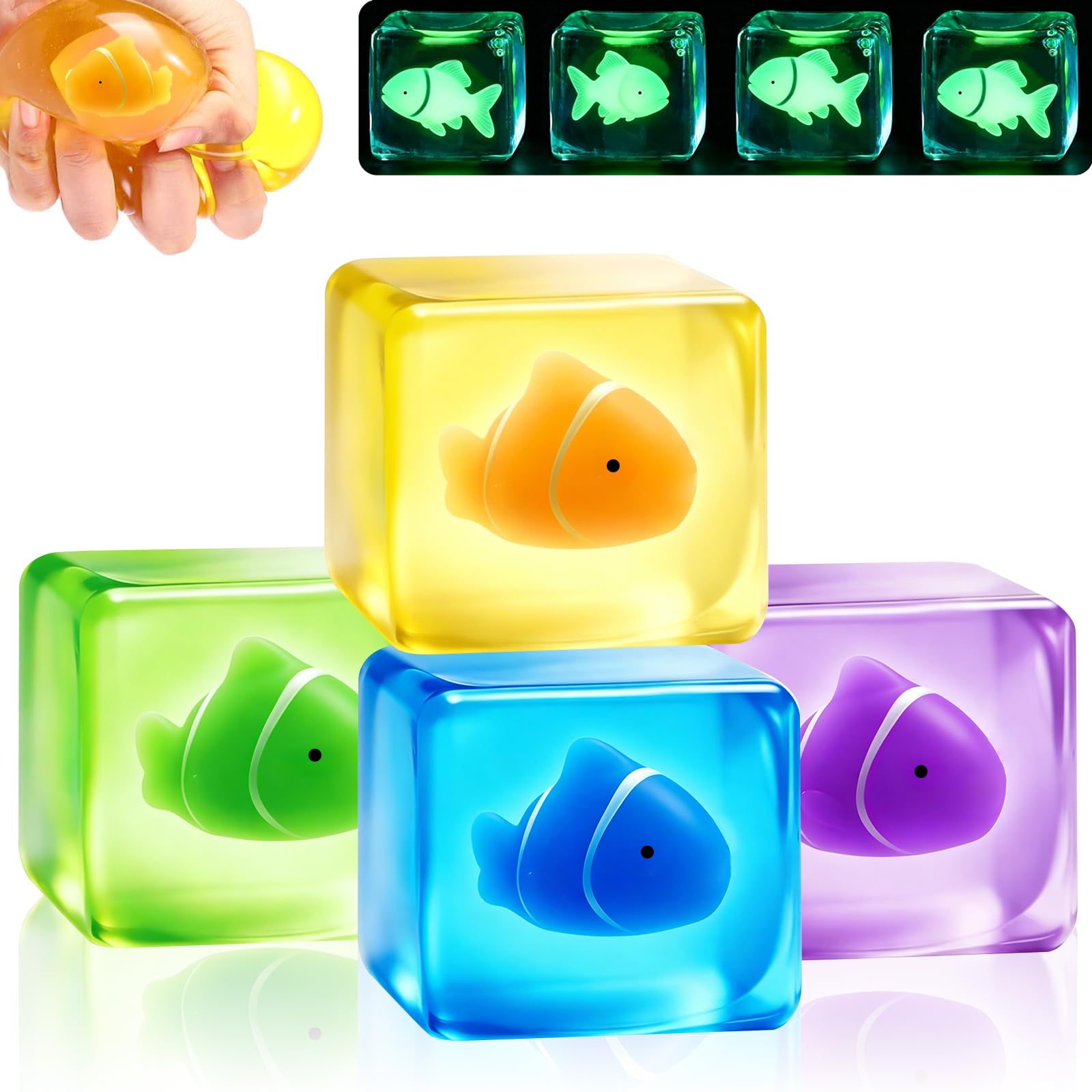 4PCS Glow in the Dark Ice Cube Squishy Fidget Toys, Soft Fish Sugar Squishy Toys, Fish Cube Stress Balls for Adults Kids, Cute Squishys Fidgets, Sensory Toys for Autism & Stress Relief â image 1
