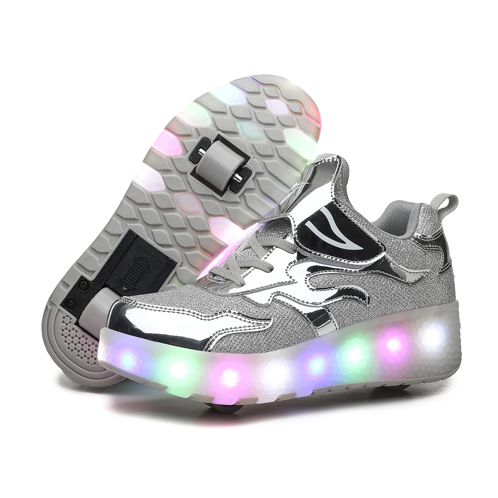 USB Recargar Skateboarding Zapatos Luces LED Coloridos Parpadeante Zapatos de Skate Rueda Doble Zapatillas Calzado Deportes de Exterior Gimnástico Sneakers Regalo de cumpleaños para Chico