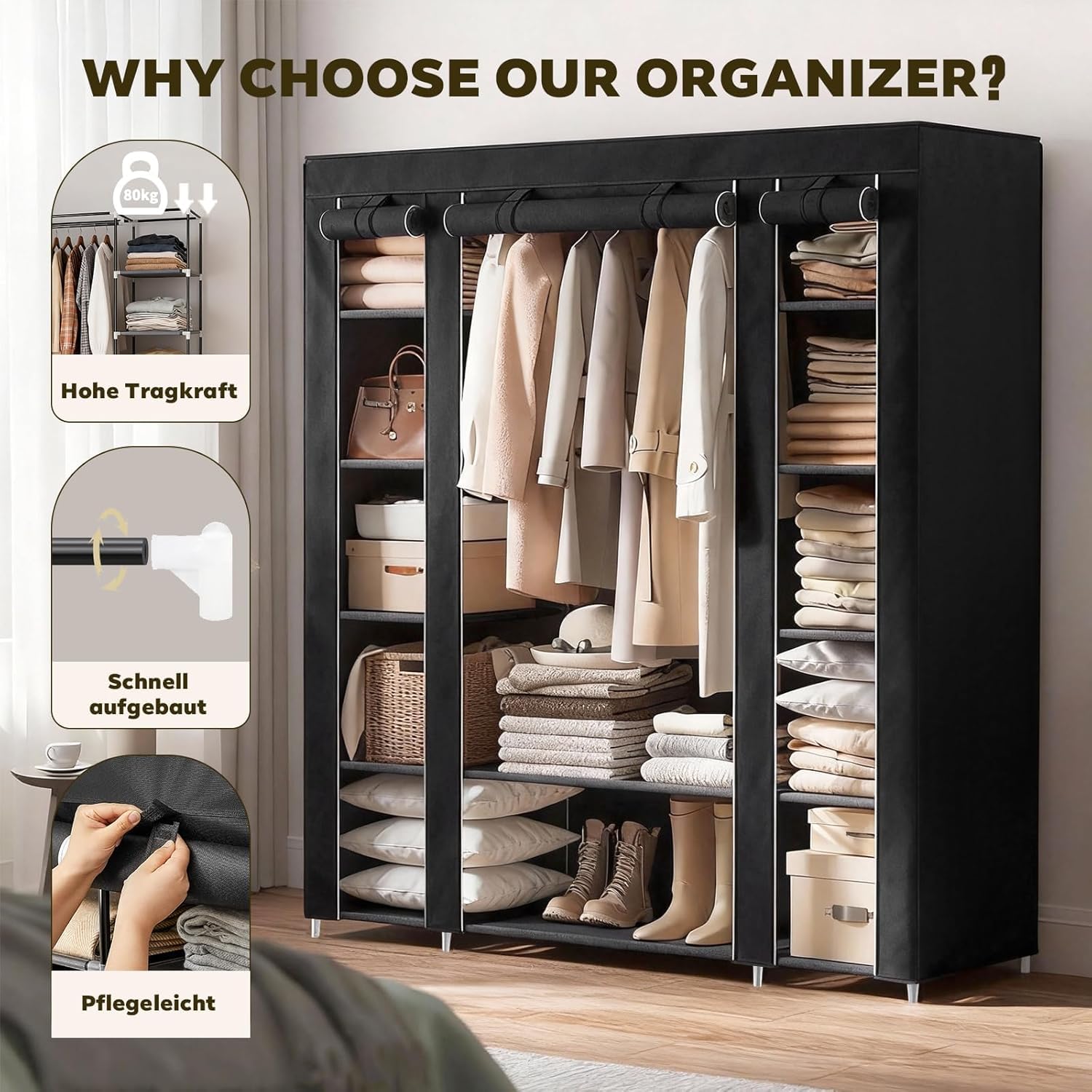 Armoire en Tissu 45 x 150 x 175 cm - Cadre en métal avec Housse Anti-poussière en Non-tissé - Tringle à vêtements - Noir - Système de Rangement pour Chambre à Coucher