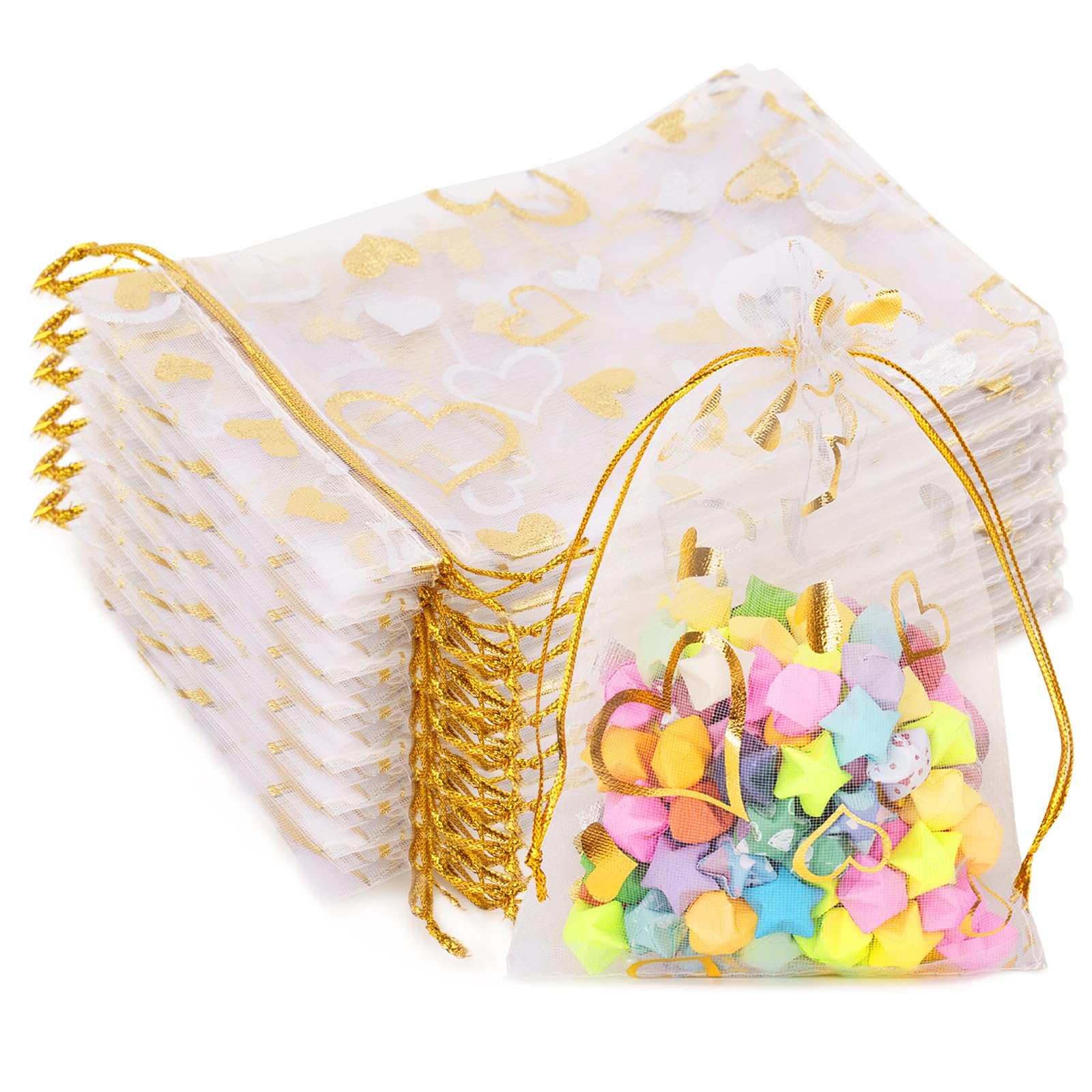 G2PLUS Valentines Gift Bags Organza 4x6in - 50Pcs Heart Organza Bags, Drawstring Sheer Mesh Jewelry Pouches Candy Bag for Wedding, Mother's Day, Party