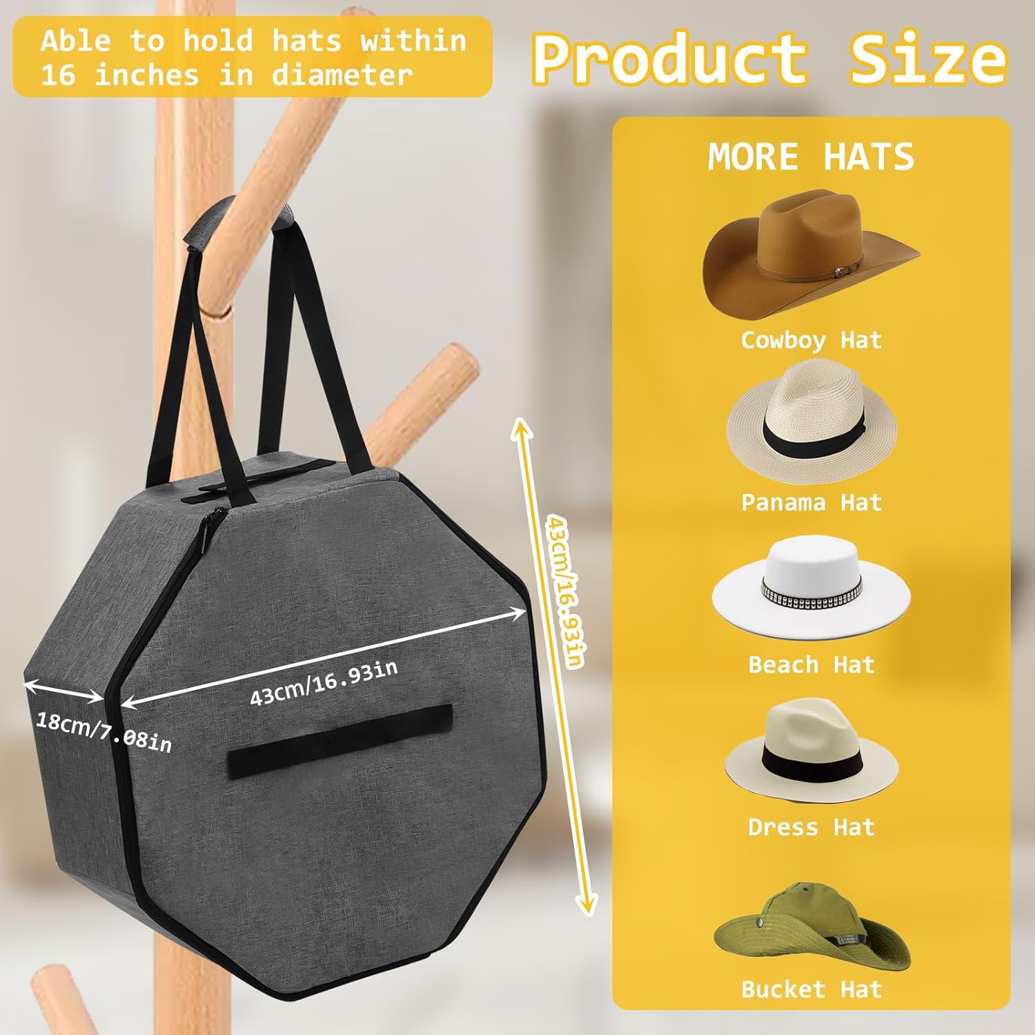 Les-Theresa 17x7In Large Hat Box Boxes Storage with Lids and Shoulder Strap Storage Box Case Foldable Beach Bag Hat Carrier Bag for Travel Closet or Travel (Grey)