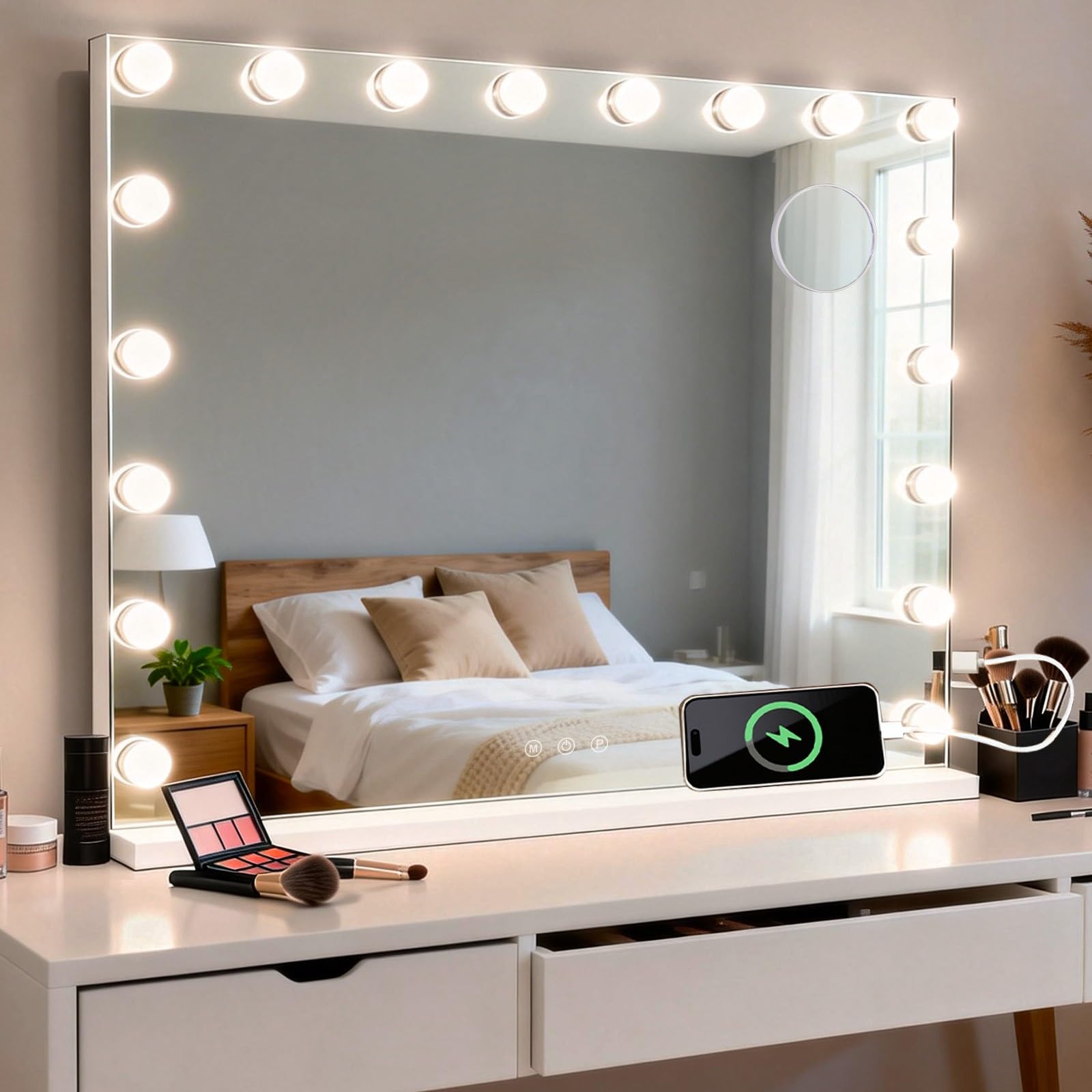 MIQU Espejo Maquillaje con Luz 80x60cm,Espejo Tocador Hollywood con 18 Bombillas LED,3 Modos de Luz,Intensidad Ajustable,con Puerto USB/Type-C,Aumento,Control Táctil,para Mesa o Pared