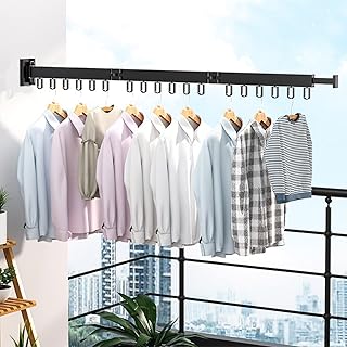 SYULCR 120 cm Tendedero Pared Extensible,Tendedero Extensible, Tendedero Balcon con 18 Ganchos y toallero, Tendederos Plegables de Pared para balcón, lavandería, baño, Dormitorio (Negro)