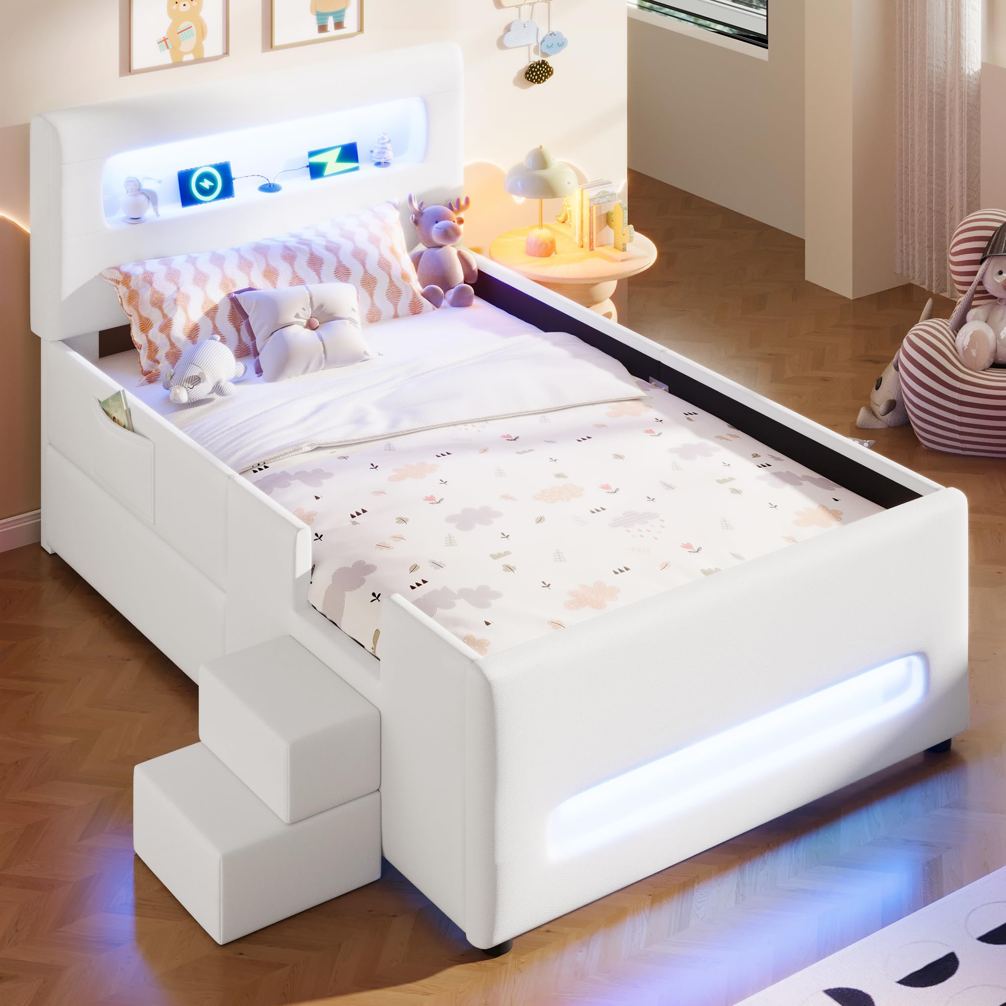 Tapicerowane łóżko platformowe 90 x 200 cm, białe, z szufladami LED, schody, USB