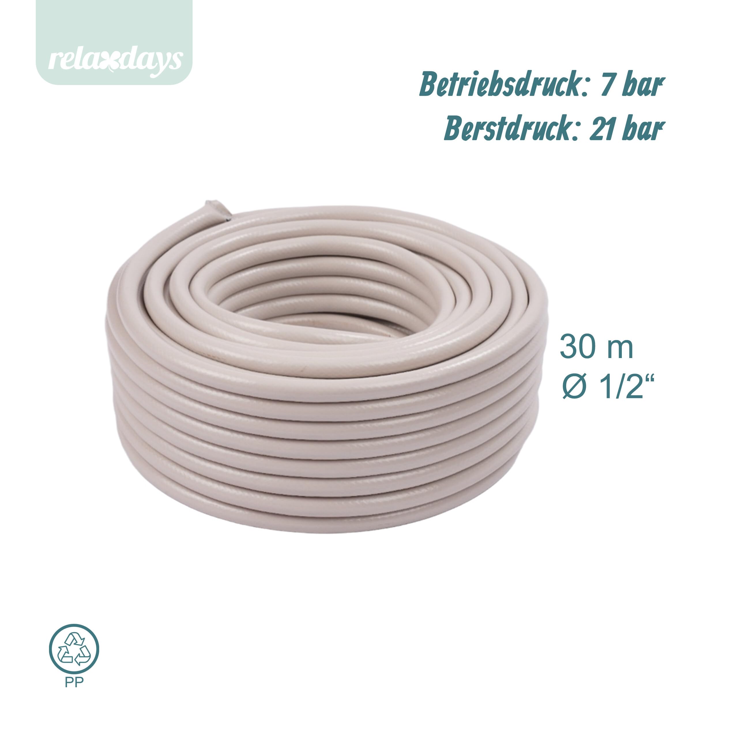 Relaxdays Gartenschlauch, 30 m, universeller Wasserschlauch 1/2", UV- & wetterfest, Gewebeschlauch Garten, PP, beige