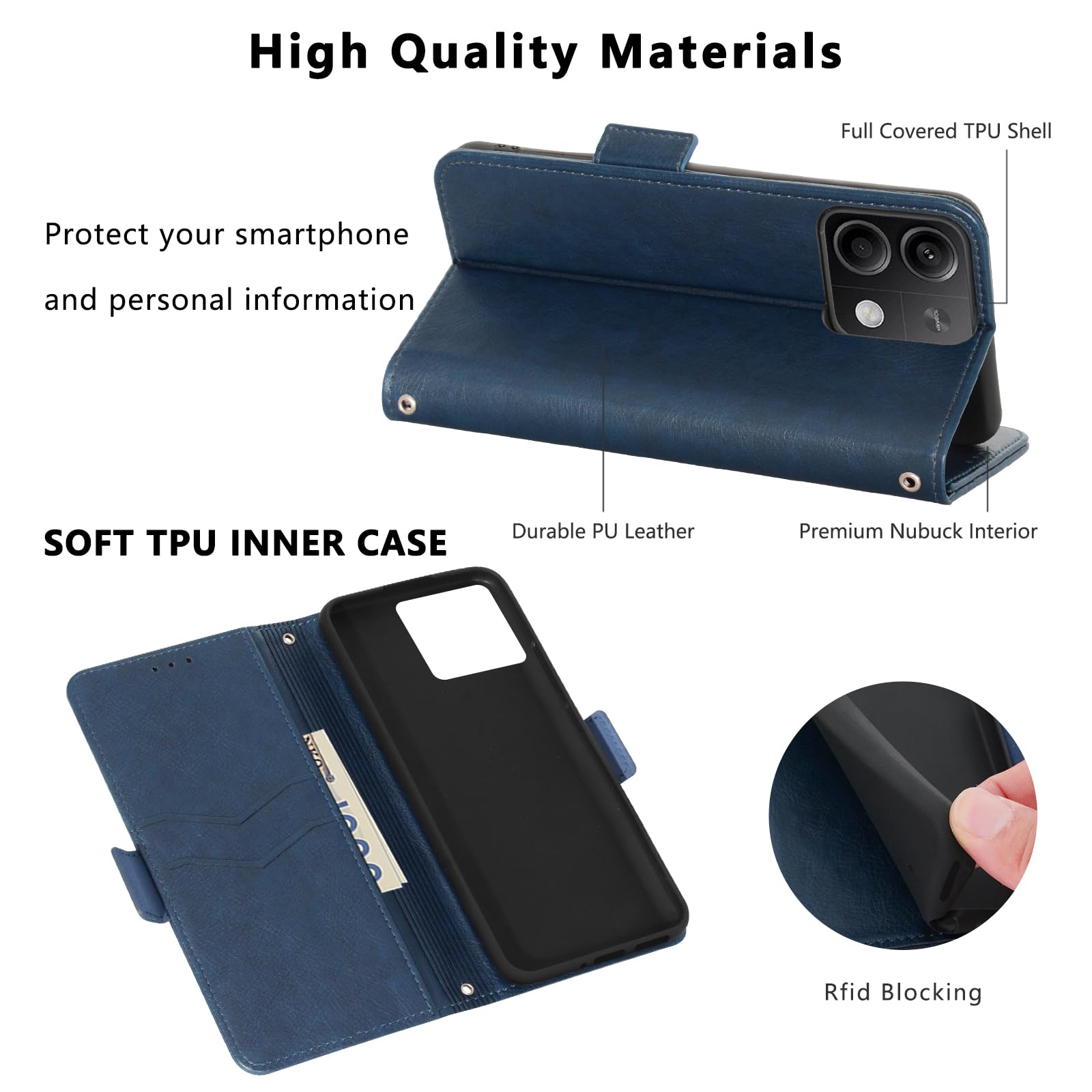 Cover per Xiaomi Redmi Note 13 4G, Custodia Flip Pelle Portafoglio, Magnetica Libro Slot Schede Redmi Note 13 4G Cover, Silicone TPU Bumper Wallet Supporto Antiurto Case Per Redmi Note 13 4G Blu