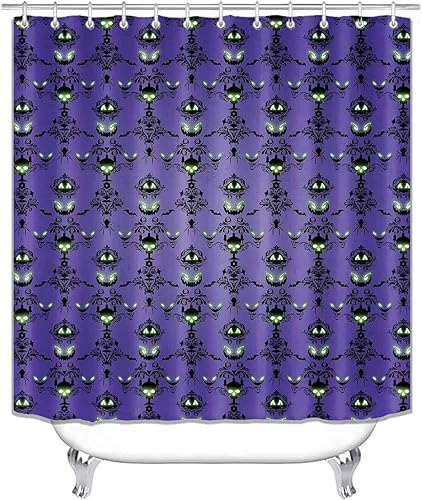 Miniatura 2 de Juego de 4 cortinas de ducha de Halloween, cortina de ducha de tela impermeable, alfombra de baño antideslizante, calavera, calabaza, negro, floral,