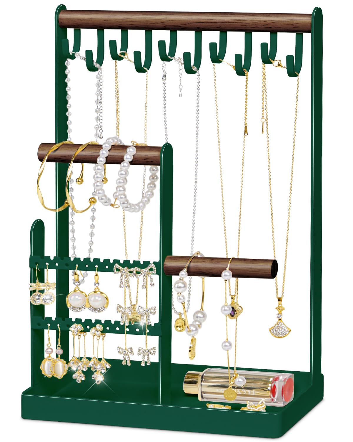 metwoodsmetwoods Organiser Holder, 4-Tier Jewellery Organizer Holder Stand, Earring Display Tower Rack with Metal Storage Tray & 10 Necklace Hooks, for Hanging Earrings Necklaces Bracelets Ring