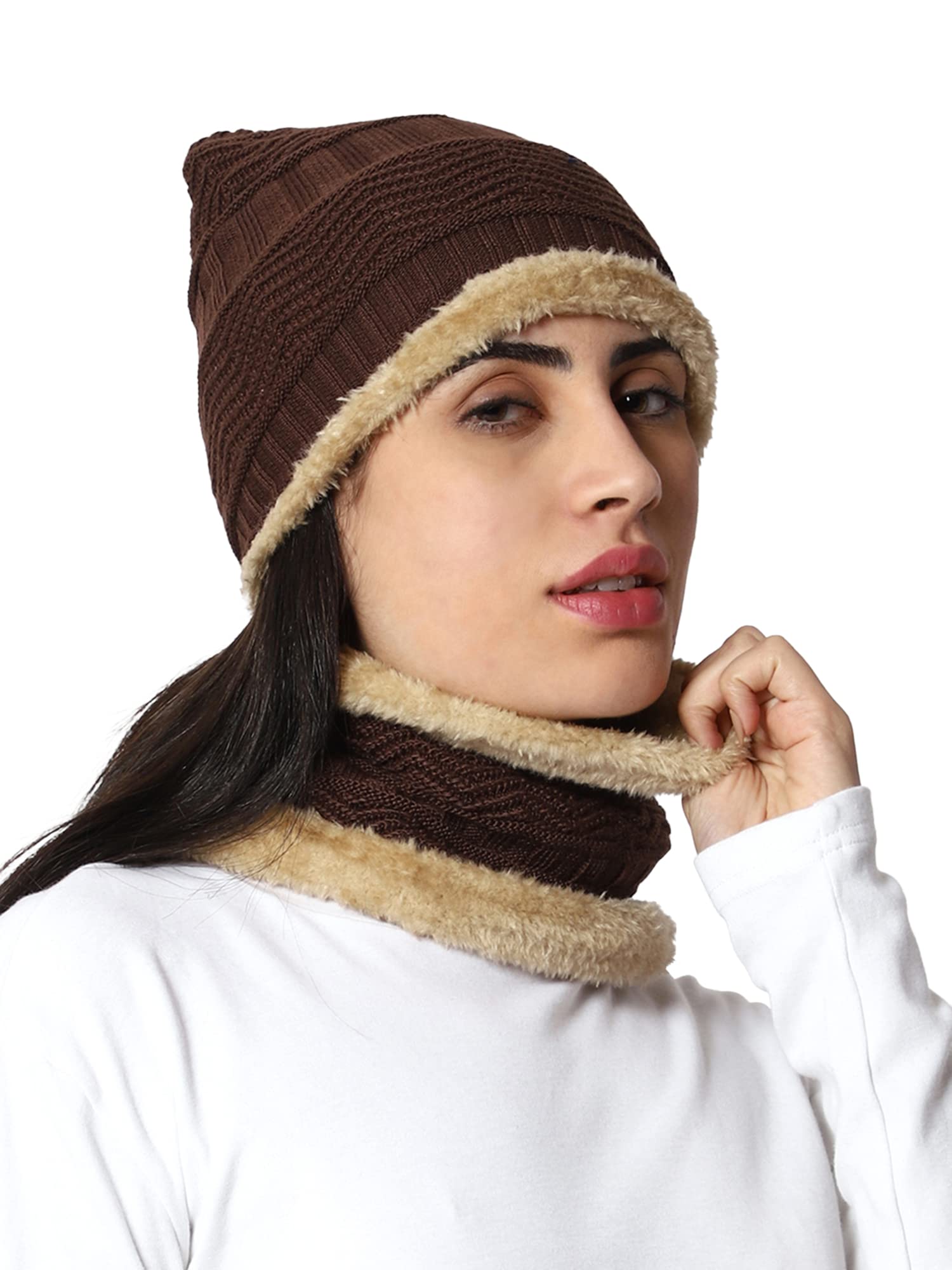 weavers villa Snow Proof Inside Fur Acro Wool Unisex Beanie Cap with Neck Warmer Set Knit Hat Thick Fleece Lined Winter Cap for Men & Women-picture-39
