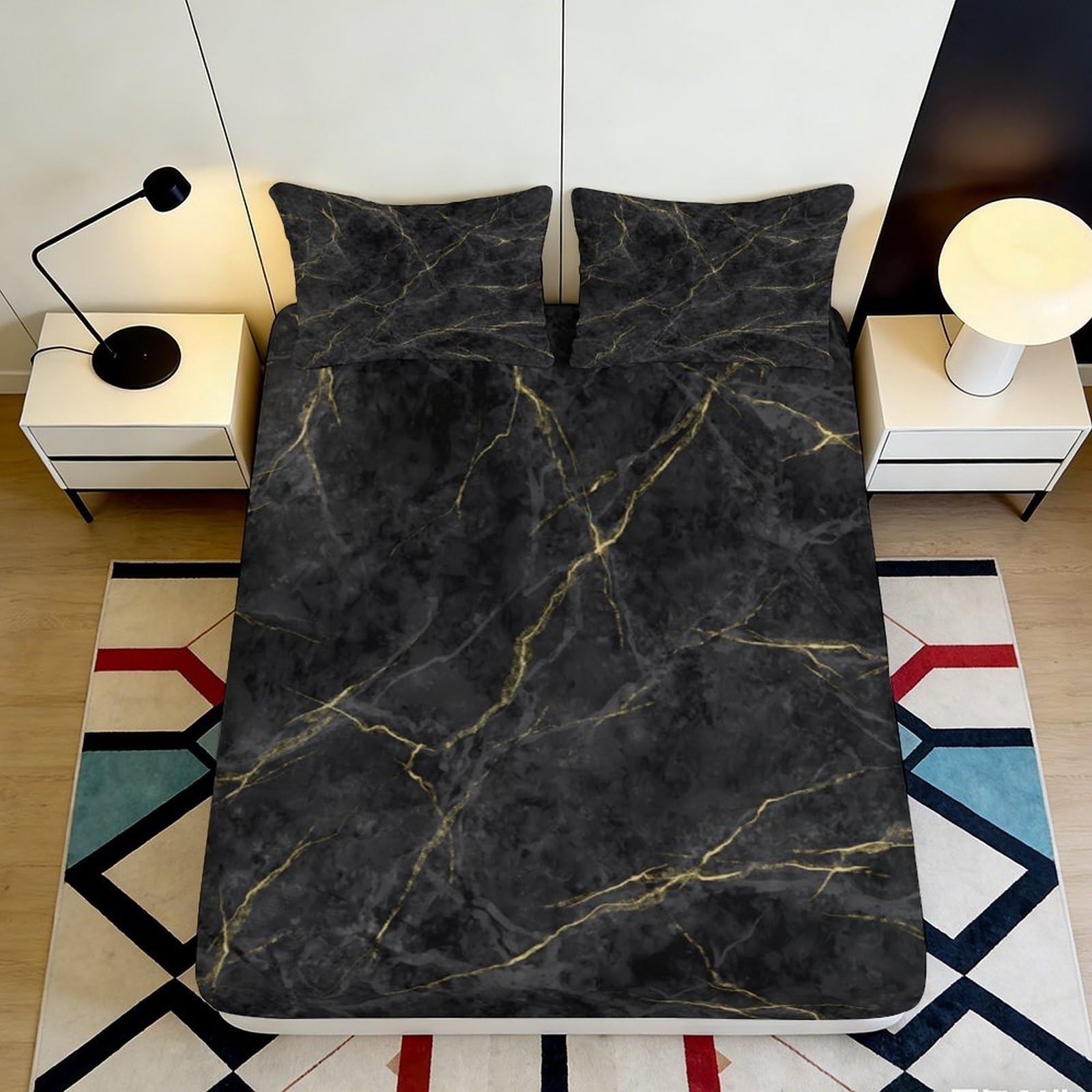 Uynsixtme Style-10 3D Printed Black Gold Marble Fitted Sheet Microfiber Deep Pocket Non-Slip Marble Mattress Fitted Cover Washable Bedding 140X200x25cm
