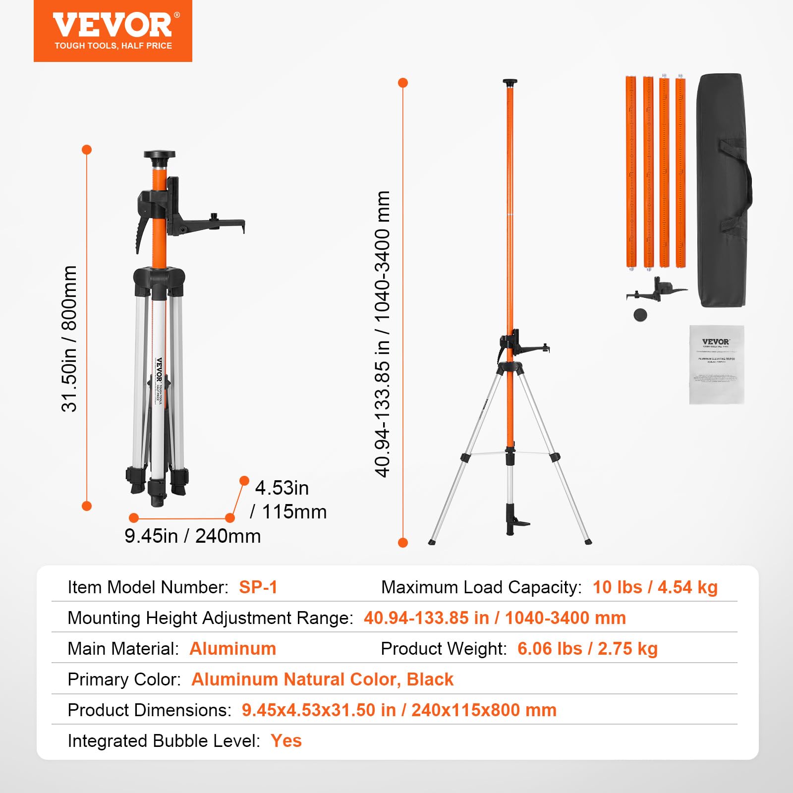 VEVOR Trépied de Niveau Laser, Filetage 1/4"-20 5/8"-11, Réglable en Hauteur 1040-3400 mm avec Niveau à Bull Intégré, Support Robuste, Trépied en Aluminium Léger à Poteau Extensible pour Scanner Laser