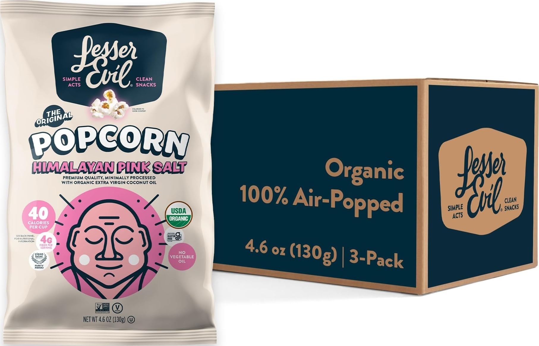 LesserEvil Himalayan Pink Salt Organic Popcorn, Premium Quality, Minimally Processed, No Vegetable Oil, 4.6 Oz, (Pack of 3)