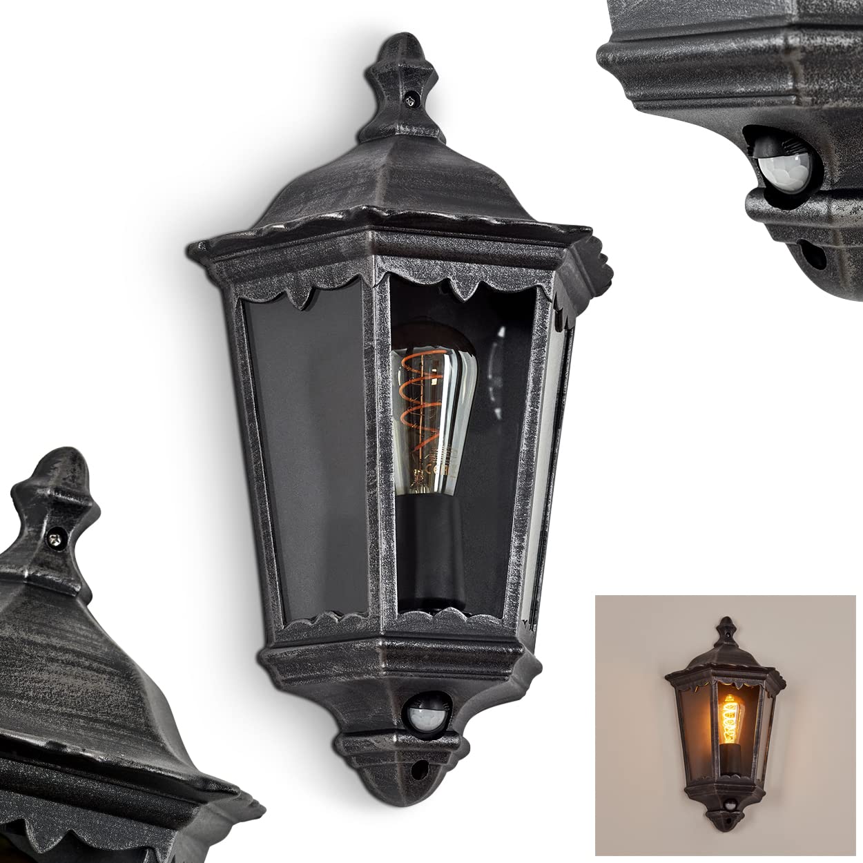 Applique d'extérieur Hongkong avec détecteur de mouvement, lampe murale à l'aspect antique, métal/verre en noir-argent/clair,applique rétro/vintage,douille E27, pour terrasse/cour/entrée,sans ampoules