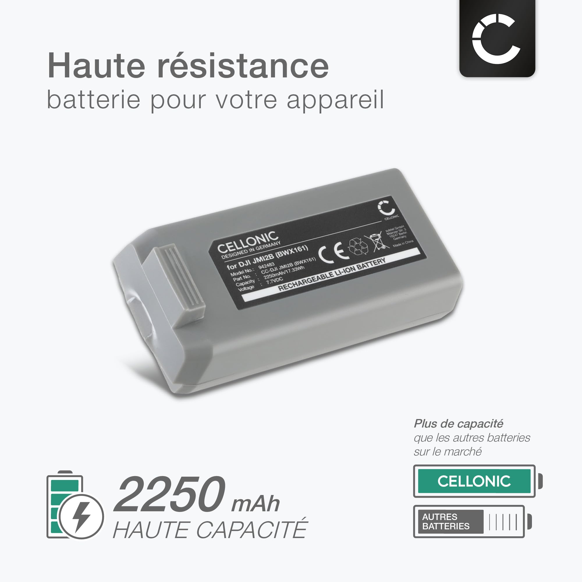 CELLONIC 1x Batterie Compatible avec DJI Mini 2, Mavic, BWX161 | 1x, (2250mAh, 7.7V, Lithium Ion), Drone Batterie pour DJI Mavic Mini 2, CP.MA.00000326.01
