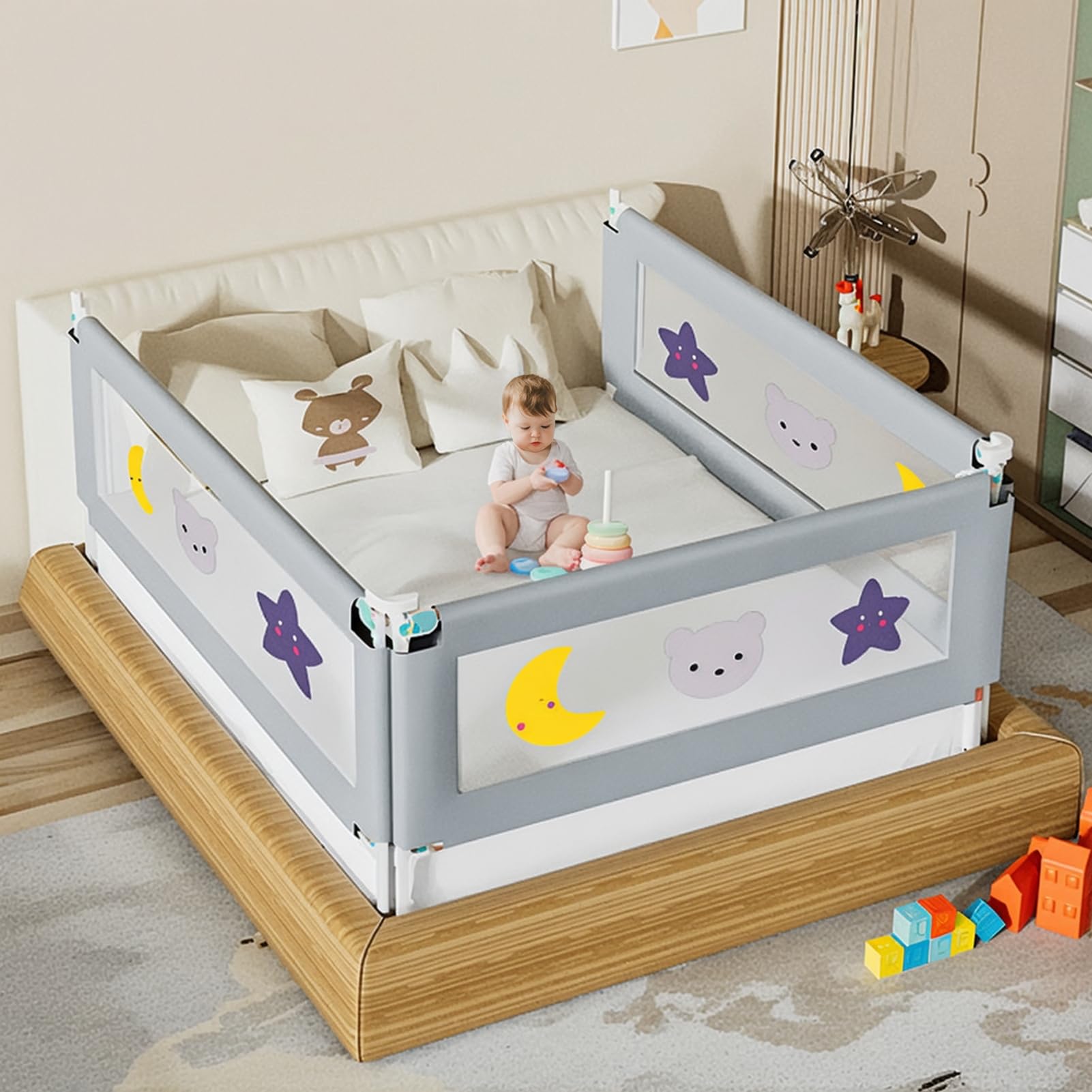 Riel de cama plegable portátil para niños pequeños, 2 x 200 cm + 1 protector de cama de 150 cm para camas dobles King, riel de cama de bebé ajustable en altura con malla aireada, ajuste sin