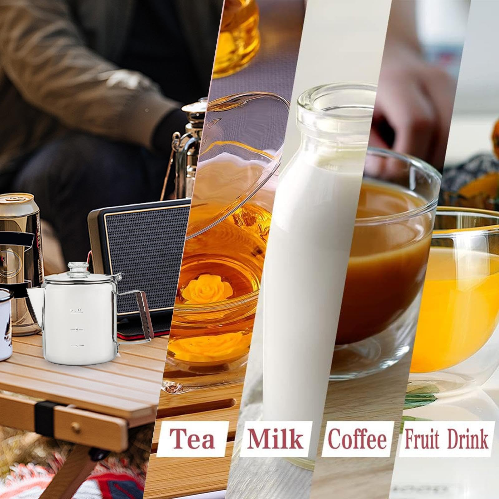 Caffettiera a percolatore, in acciaio inox, macchina portatile con design vintage compatto per campeggio, spiaggia, riunioni familiari e amici