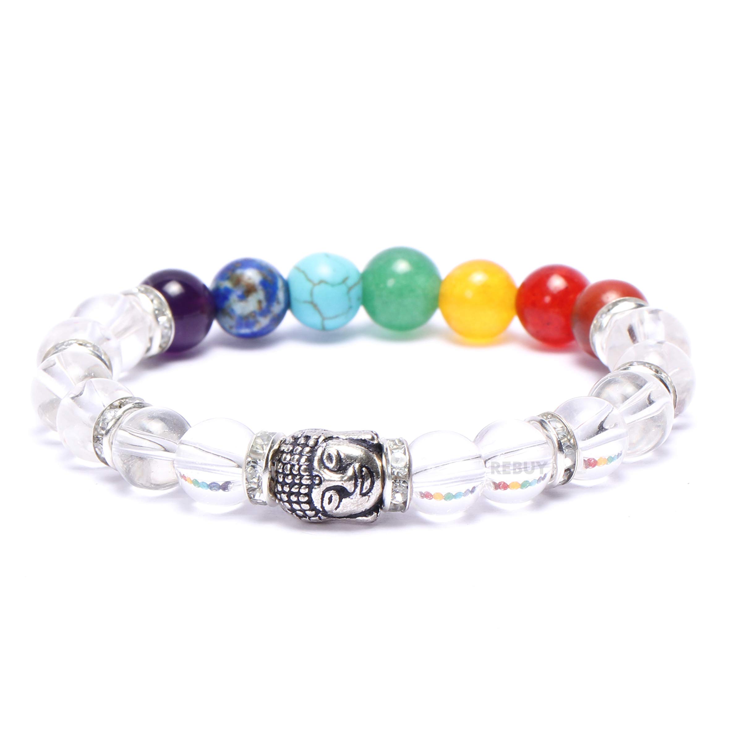 REBUYClear Quartz Crystal Bracelet, Sphatik Seven Chakra Bracelet Gemstone Bracelet for Men & Women, Color Multi, Bead Size 8 mm