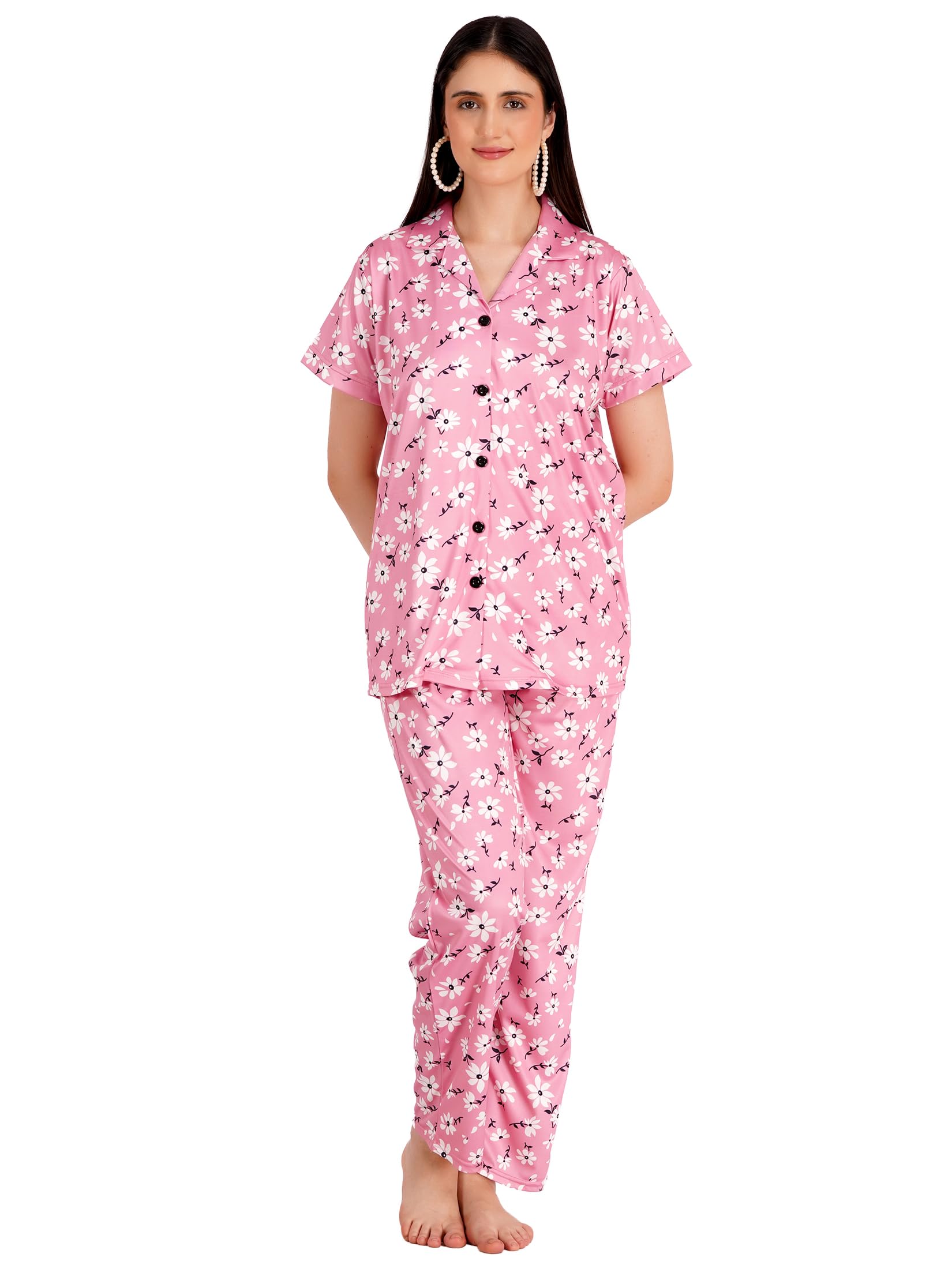 romaisa Women Night Suit Set | Floral Printed Short Sleeve Top & Pajama Multicolour-picture-56
