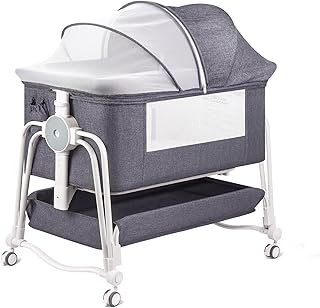 suihuooo 4 In 1 Baby Crib, Next to Me Crib, 7 Level Adjustable Bedside Bed for Baby with Wheels, Storage, Mosquito Net and Matress Included, Portable Cribs for Newborn Infant (Grey)