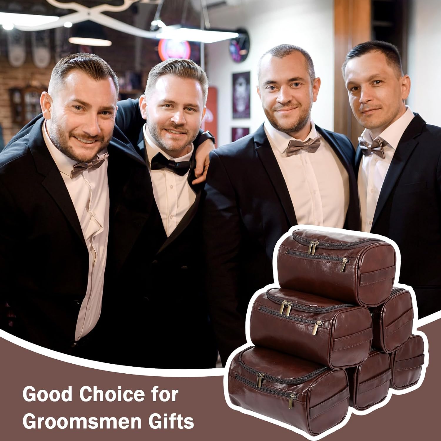 6 Pcs Groomsmen Gift Toiletry Bags, Leather Toiletry Bag for Men Personalized Dark Brown Leather Travel Bag for Him Shaving Kit Best Man Wedding Gifts Husband Boyfriend Father Grandpa