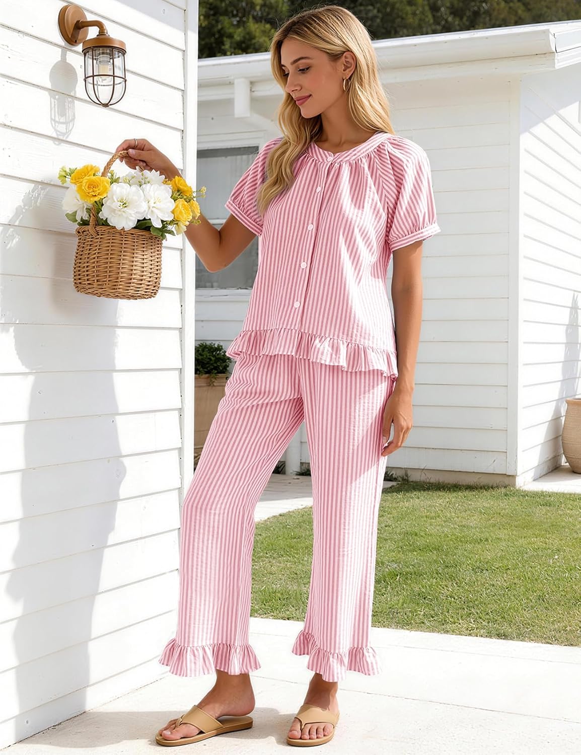 Flygo Womens Striped Pajama Sets 2 Piece Cotton Pjs Lounge Set Ruffle Button Down Tops Long Pants Soft Sleepwear with Pockets