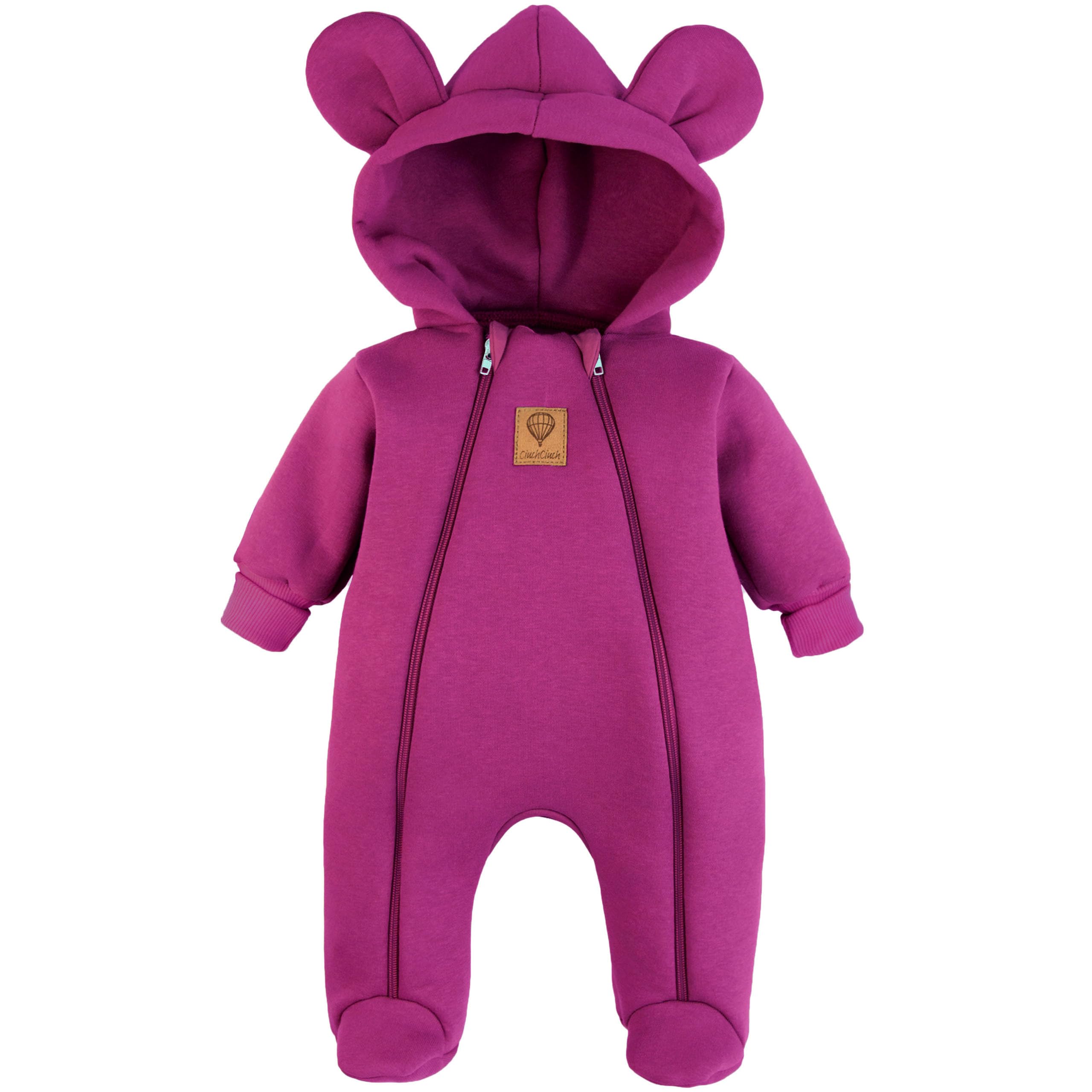 Baby Übergangs-Strampler – 80% Baumwolle Sweatstoff Overall mit Kapuze & Ohren – Fußteil & Zwei Reißverschlüsse – Für Mädchen & Jungen – Kuscheliger Frühling/Herbst-Overall