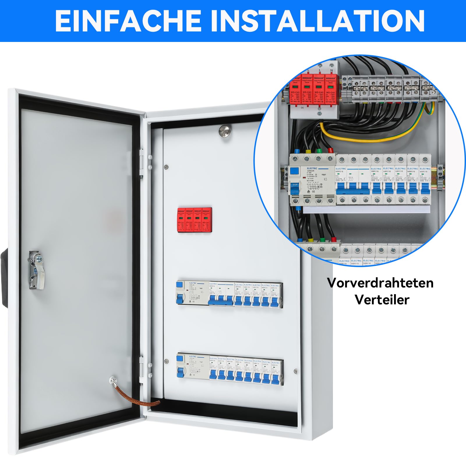 Warmfay Unterverteilung Verdrahtet Sicherungskasten mit FI Schalter, LS Schalter und Überspannungsschutz, Unterputz Aufputz 3-Reihig Verteilerkasten IP54 Wasserdicht für Haus Werkstatt und Gewerbe