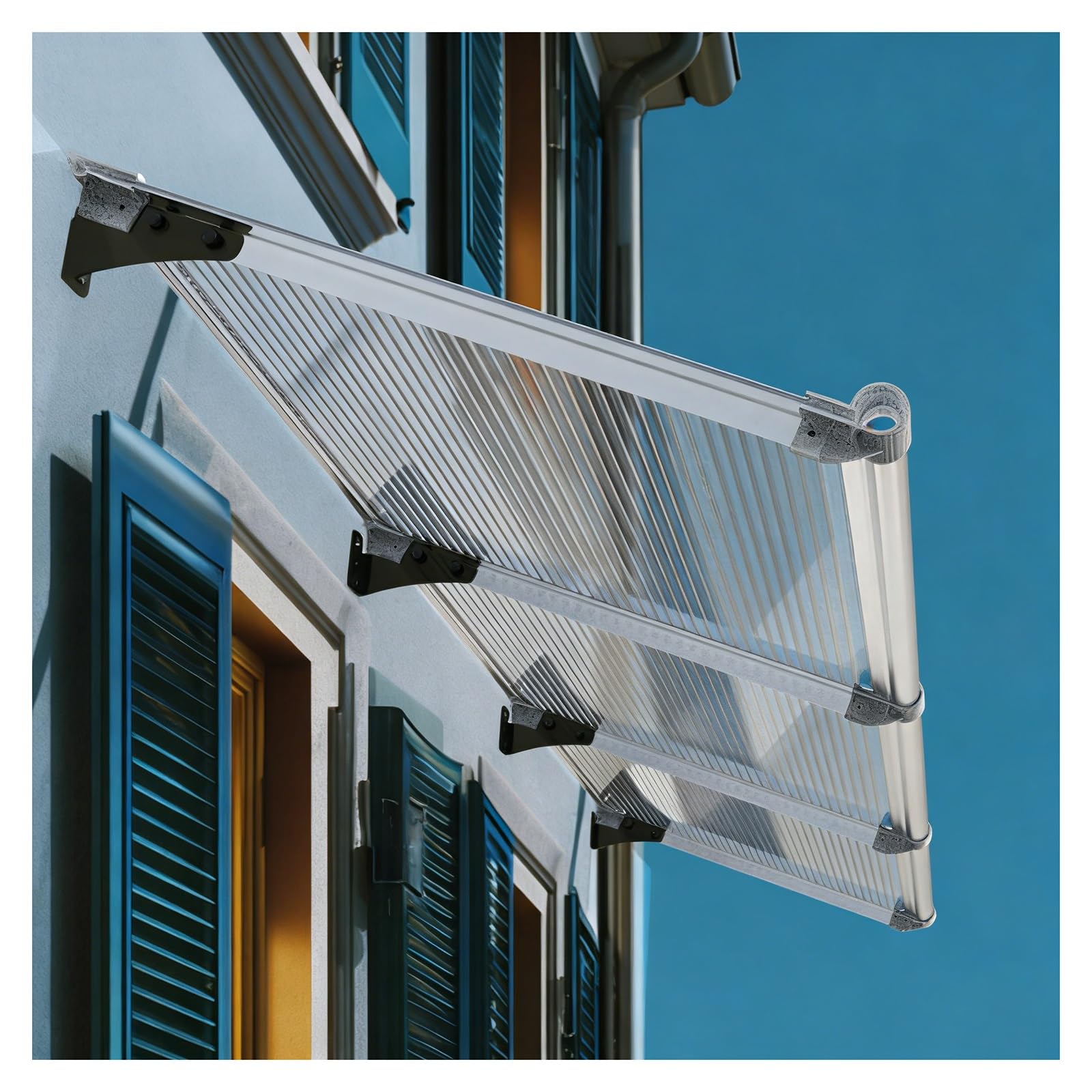 Auvent de porte pour terrasse et maison avec protection UV et design drainage moderne