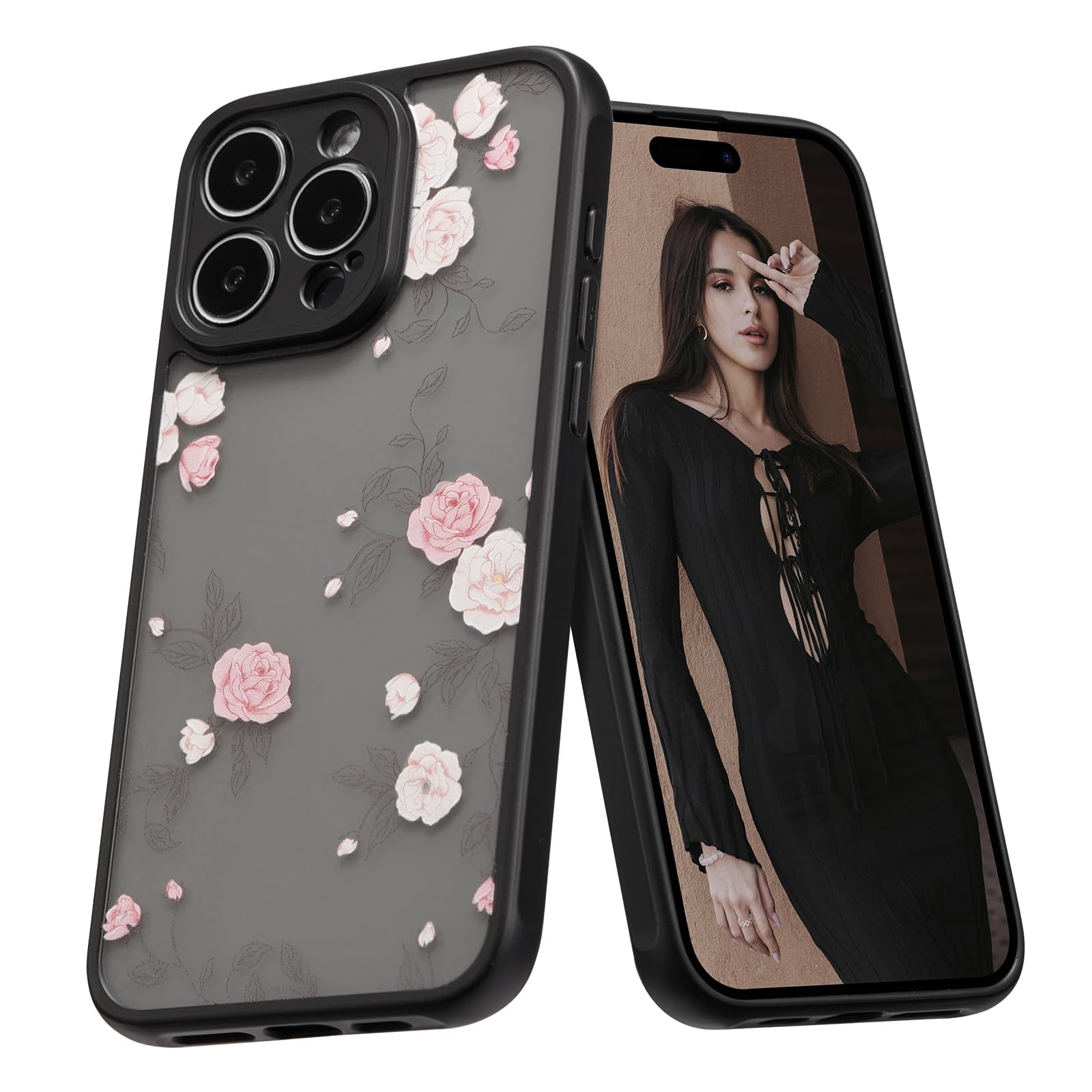 XIZYO Rose Flower Case for iPhone 13 Pro Max, Cute Frosted Translucent Rose Floral Pattern Aesthetic Phone Case