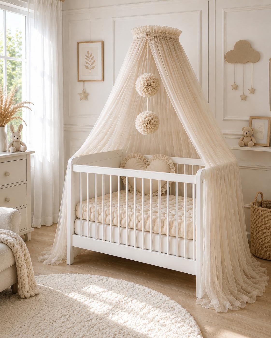 Baby Fancyroom lit pour bébé, berceau, moustiquaire, décoration chambre enfant, tulle qualité supérieure (beige)