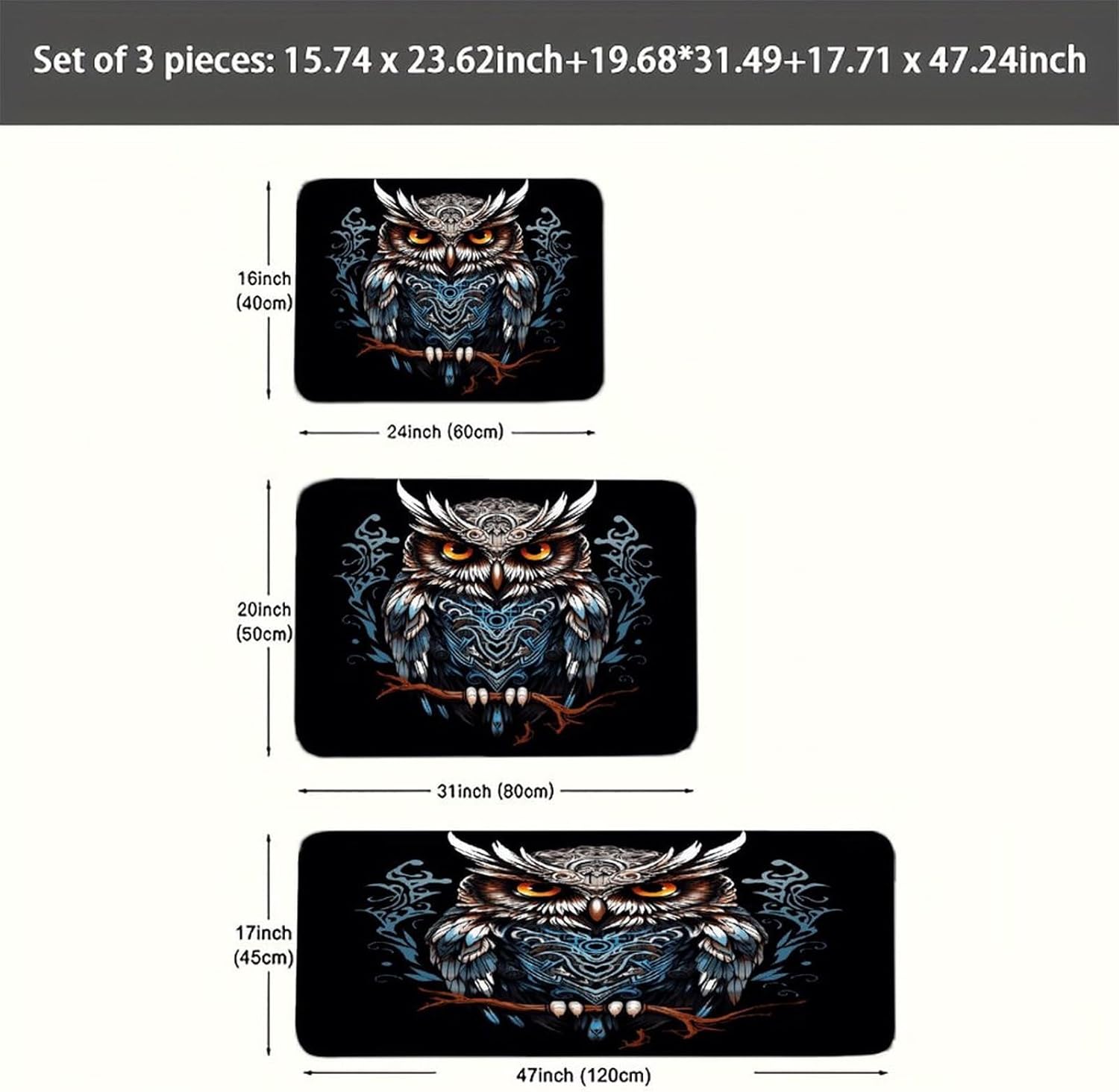 Owl Kitchen Rugs Sets of 3 Non Slip Kitchen Mats for Floor Farmhouse Kitchen Sink Mat Thick Comfort Standing Mat for Laundry Room Hallway Bathroom